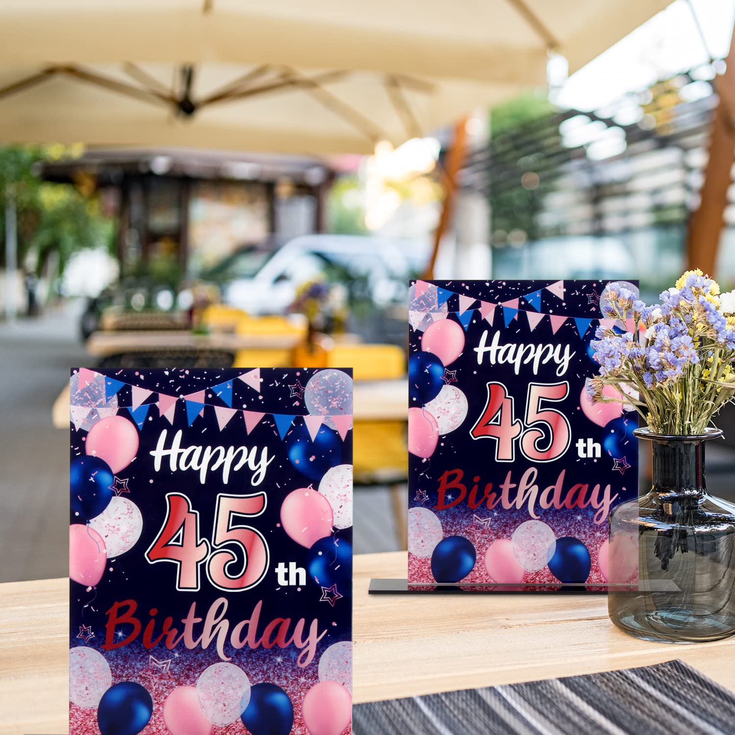 Happy 45th Birthday Party Decorations Set - 2 Navy Blue Acrylic Table Toppers with Balloon Stand & Printed Poster Backdrop for Birthday Centerpieces - Perfect for Anniversary Celebrations, Office Parties & Home Decor