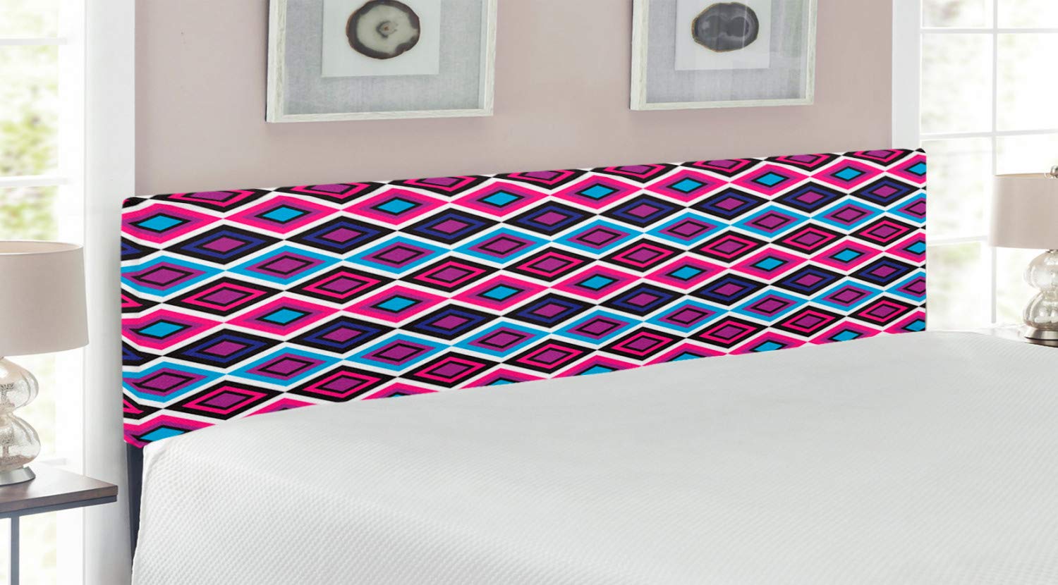 Ambesonne Navy and Blush Upholstered Headboard - Geometric Diamond Line Retro Design with Memory Foam, King Size Bed Frame in Magenta Purple Blue | Perfect for Vintage & Bohemian Bedroom Decor
