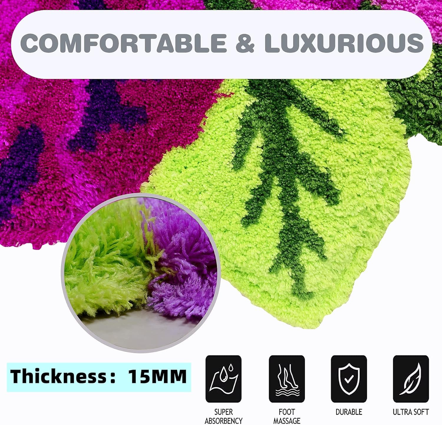 ABREEZE 4 Rose Handmade Floral Rug - Non-Slip Washable Modern Carpet in Blue & Purple | Perfect for Bedroom, Living Room Sofa & Bathroom Floor Decor