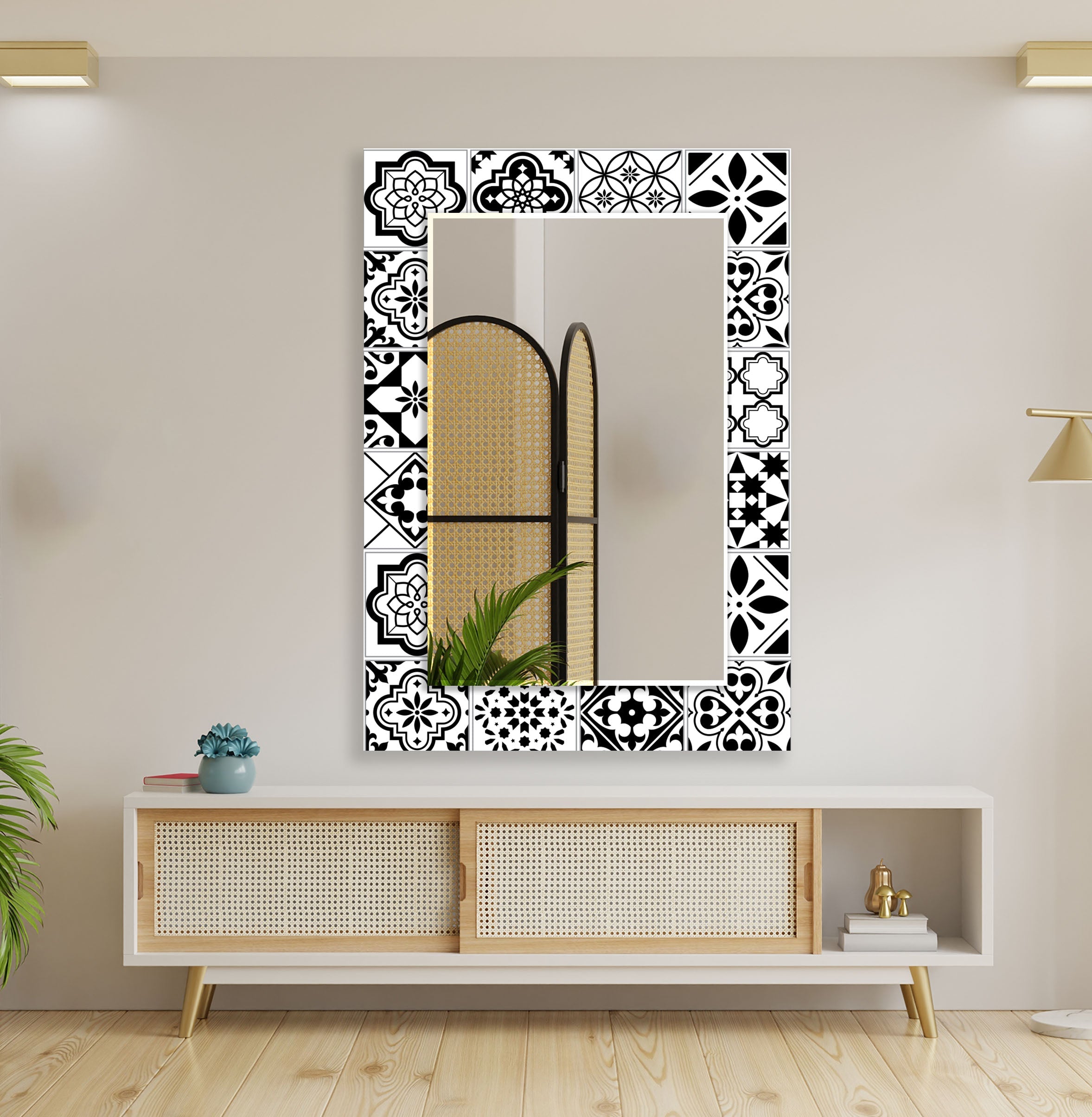 Black and White Mosaic Wall Mirror - Decorative Bathroom Vanity Mirror for Home Decor, Living Room, Bedroom, or Entryway