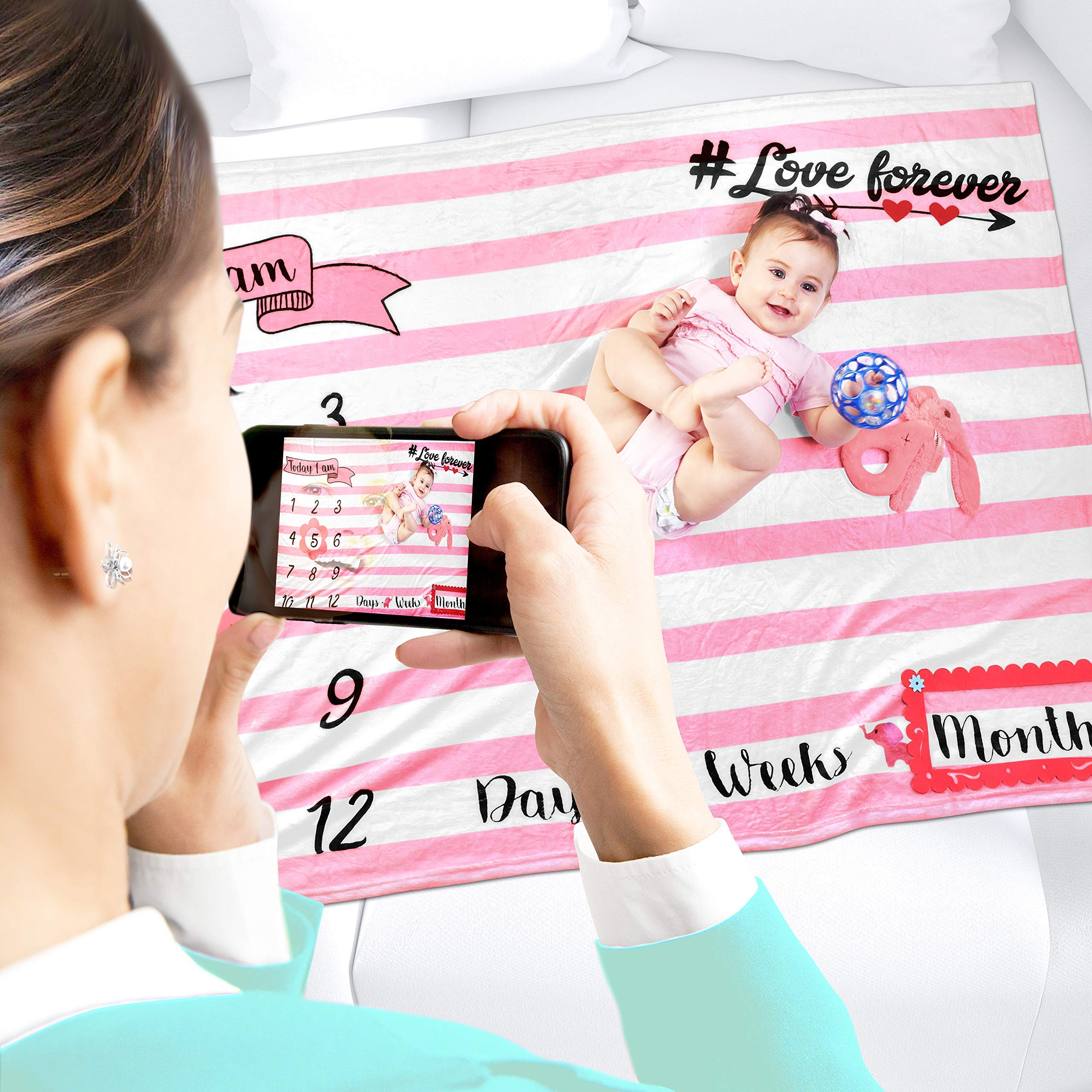 Blue & Pink Baby Monthly Milestone Blanket Set with Memory Book & 28 Stickers - Newborn Photo Props, First Year Keepsake, Baby Shower Gift for Boys & Girls