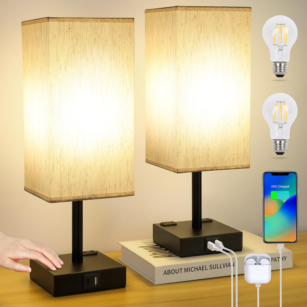 2-Pack Touch Control Bedside Table Lamps with USB-C & AC Charging Ports - 3-Way Dimmable Nightstand Lamps with Flaxen Fabric Shade for Bedroom, Living Room & Office (Includes Bulbs) | Perfect for Reading, Working & Creating Cozy Ambiance