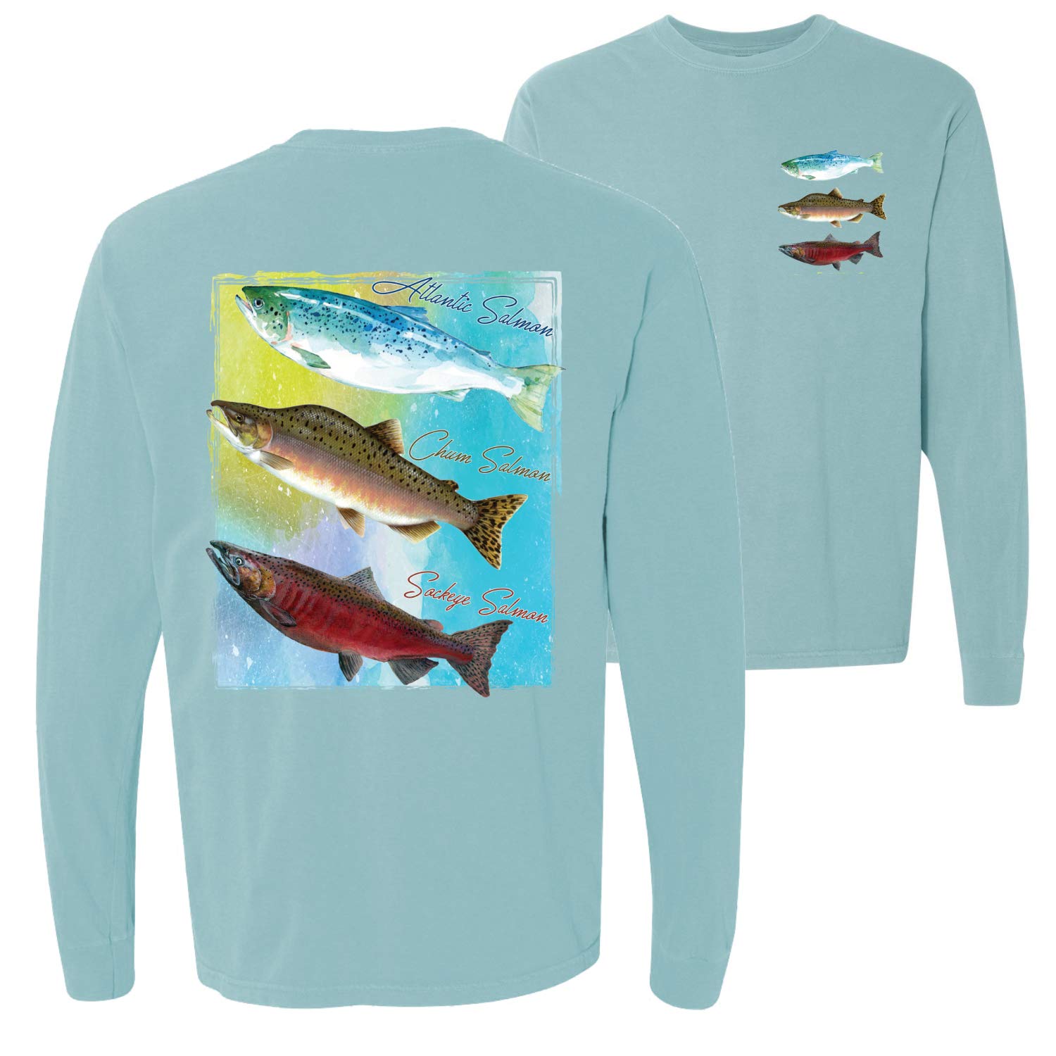 Atlantic Chum Sakeye Salmon Fishing Trio Graphic - Vintage Washed Long Sleeve T-Shirt for Men & Women | Perfect for Outdoor Fishing, Camping, and Nature Enthusiasts