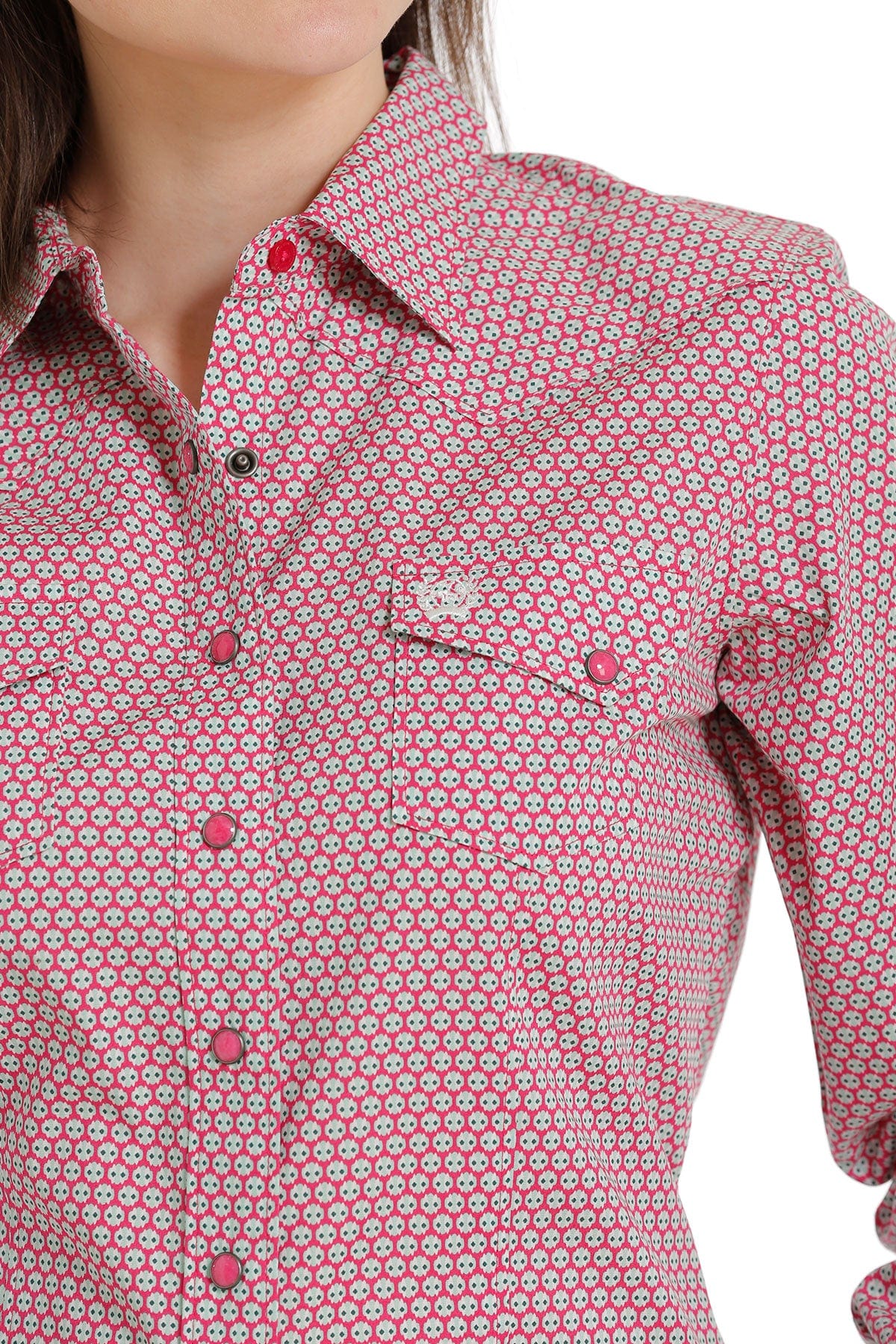 Women's Long Sleeve Pink Printed Snap Button Shirt - Casual & Country Style for Western Wear, Rodeo Events, and Everyday Fashion