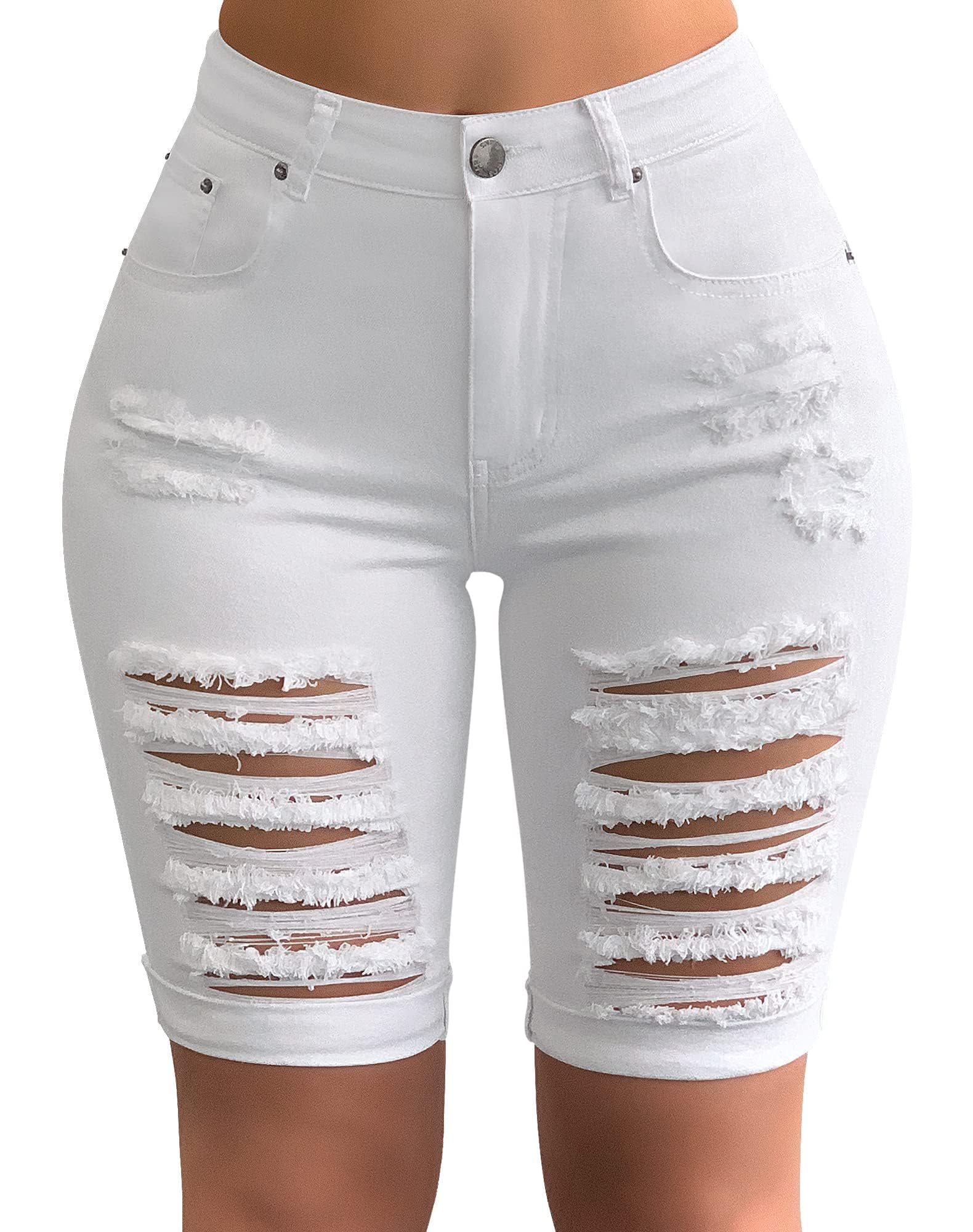 Roswear Women's Distressed Knee-Length Ripped Stretchy Denim Shorts - Comfortable Casual Summer Outfit for Beach, Shopping & Street Style