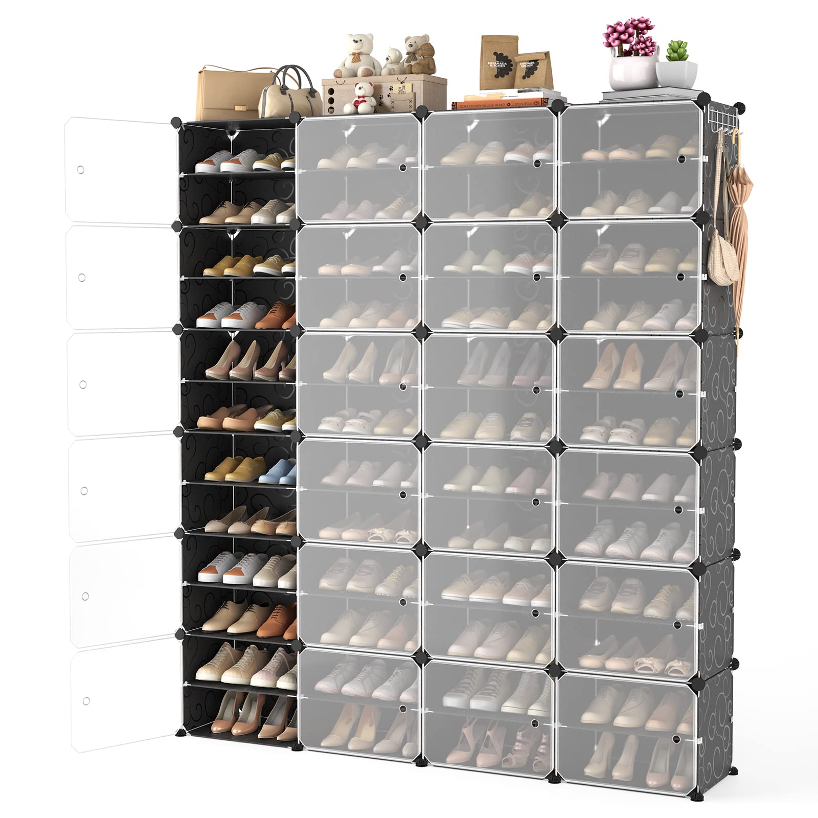 Portable Shoe Rack Organizer with Door - 96 Pairs Adjustable Stackable Shoe Storage Cabinet - Easy Assembly Plastic Free Standing Shelf for Closet, Entryway, Bedroom - DIY Expandable 12 Tier Black Shoe Organizer