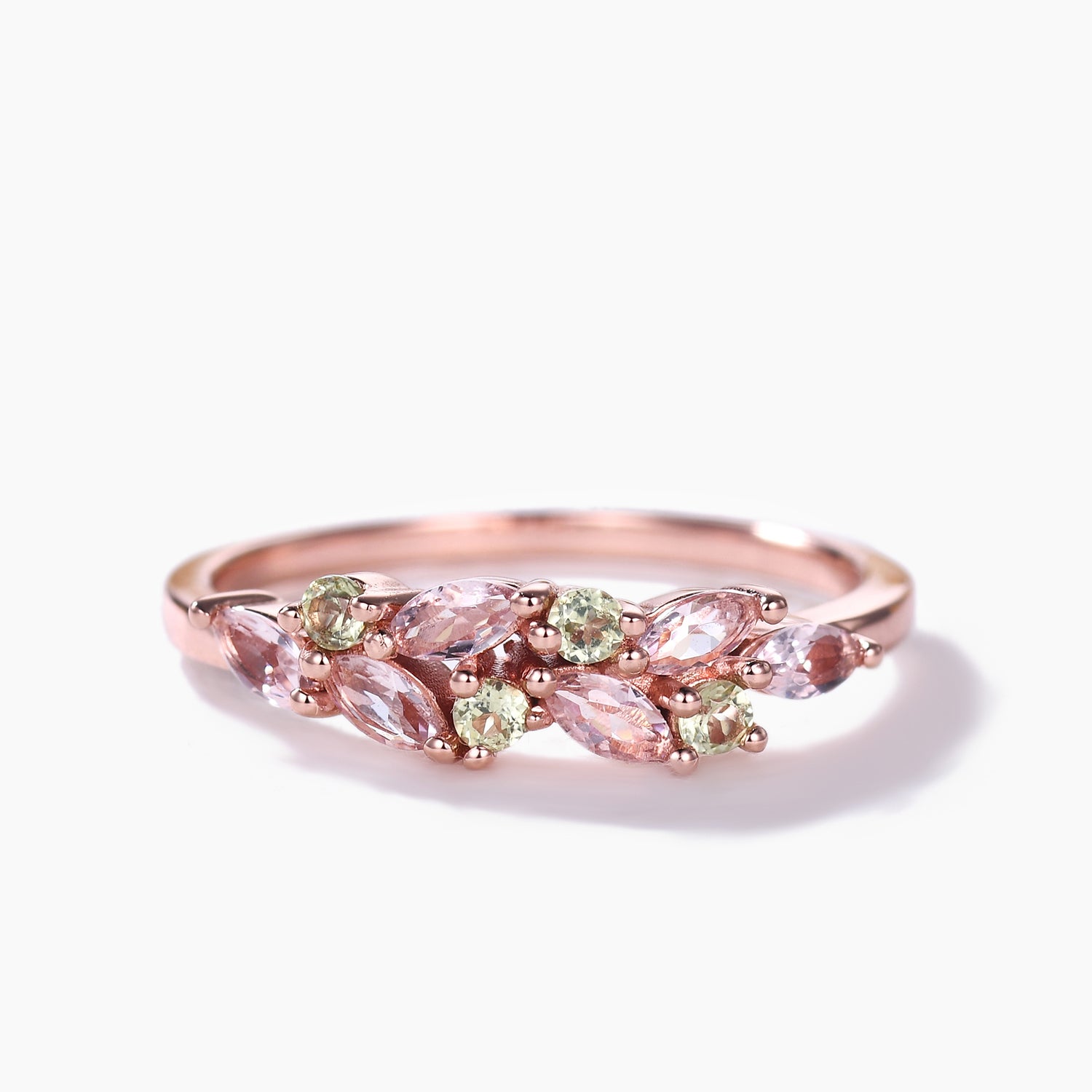 14k Rose Gold Morganite Peridot Cluster Wedding Band for Women - Elegant Dainty Engagement Ring, Promise Ring or Anniversary Jewelry Gift