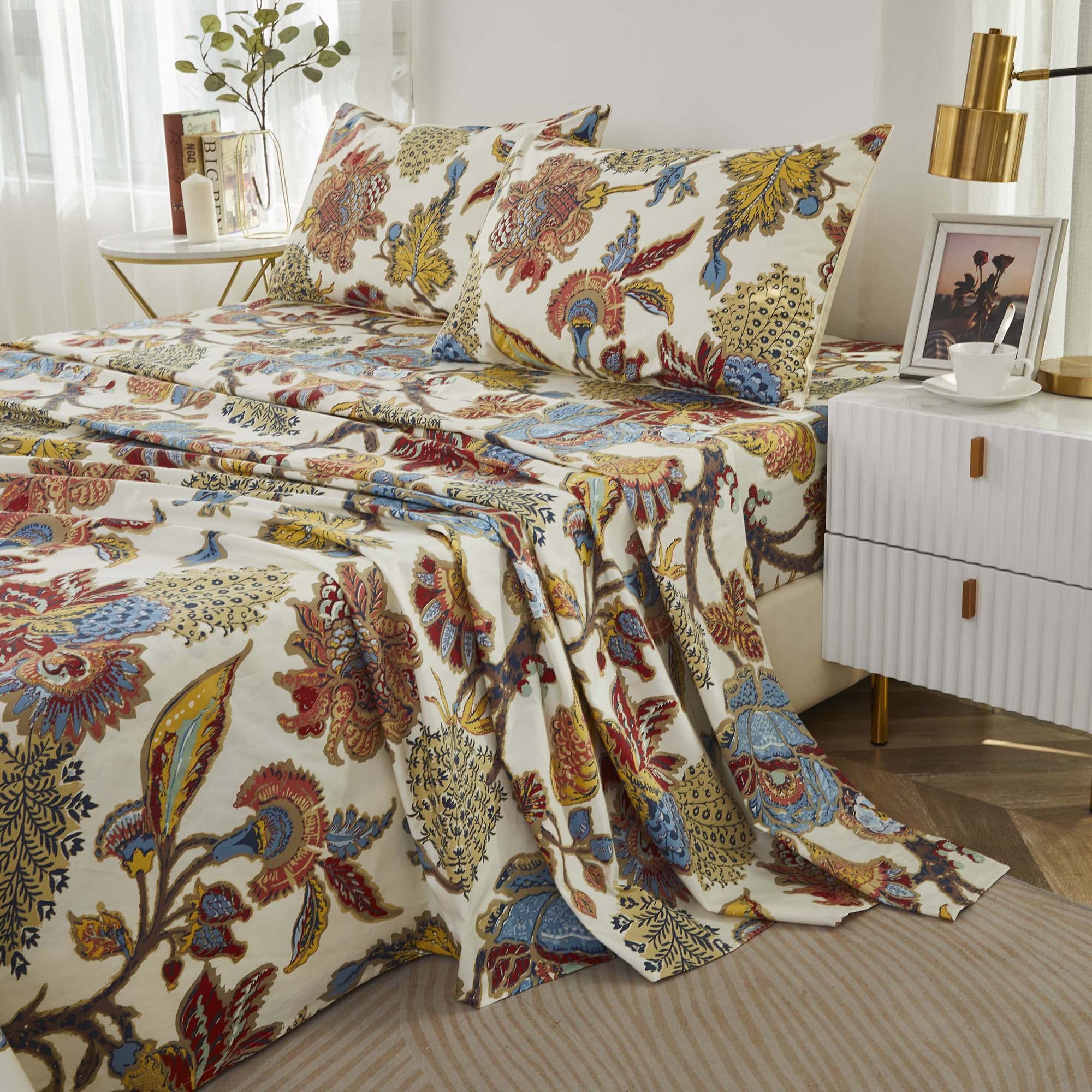 Softta Vintage King Size Bed Sheet Set - 4pc 100% Egyptian Cotton Deep Pocket Bedding with Boho Baikal Flower Pattern | Western Farmhouse Luxury Damask Collection | Perfect for Master Bedrooms, Guest Rooms & Vacation Homes