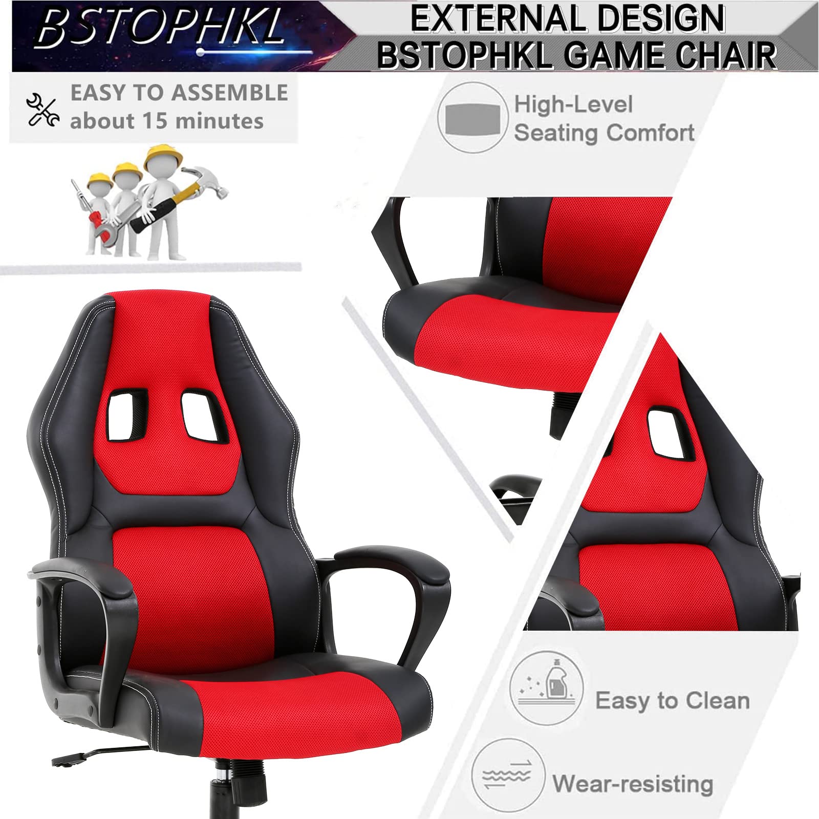 Ergonomic Gaming Chair with Lumbar Support & Headrest - Adjustable Reclining Office Computer Chair for Adults & Teens - High Back Racing Style Swivel Task Chair with Armrests - Perfect for Home Office, Gaming Setup & Workstation (Red)