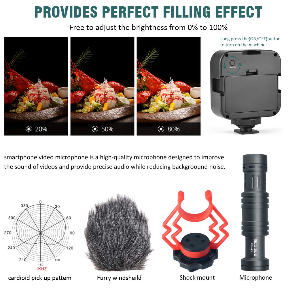 Mcoplus Professional Vlogging Kit for Smartphones - Includes Tripod, Phone Clip, LED Light, Microphone, 3.5mm/Type-C/Lightning Cables & Remote - Compatible with iPhone X, Samsung, Huawei, Sony a7 - Perfect for YouTube, TikTok, Live Streaming & Content Creation