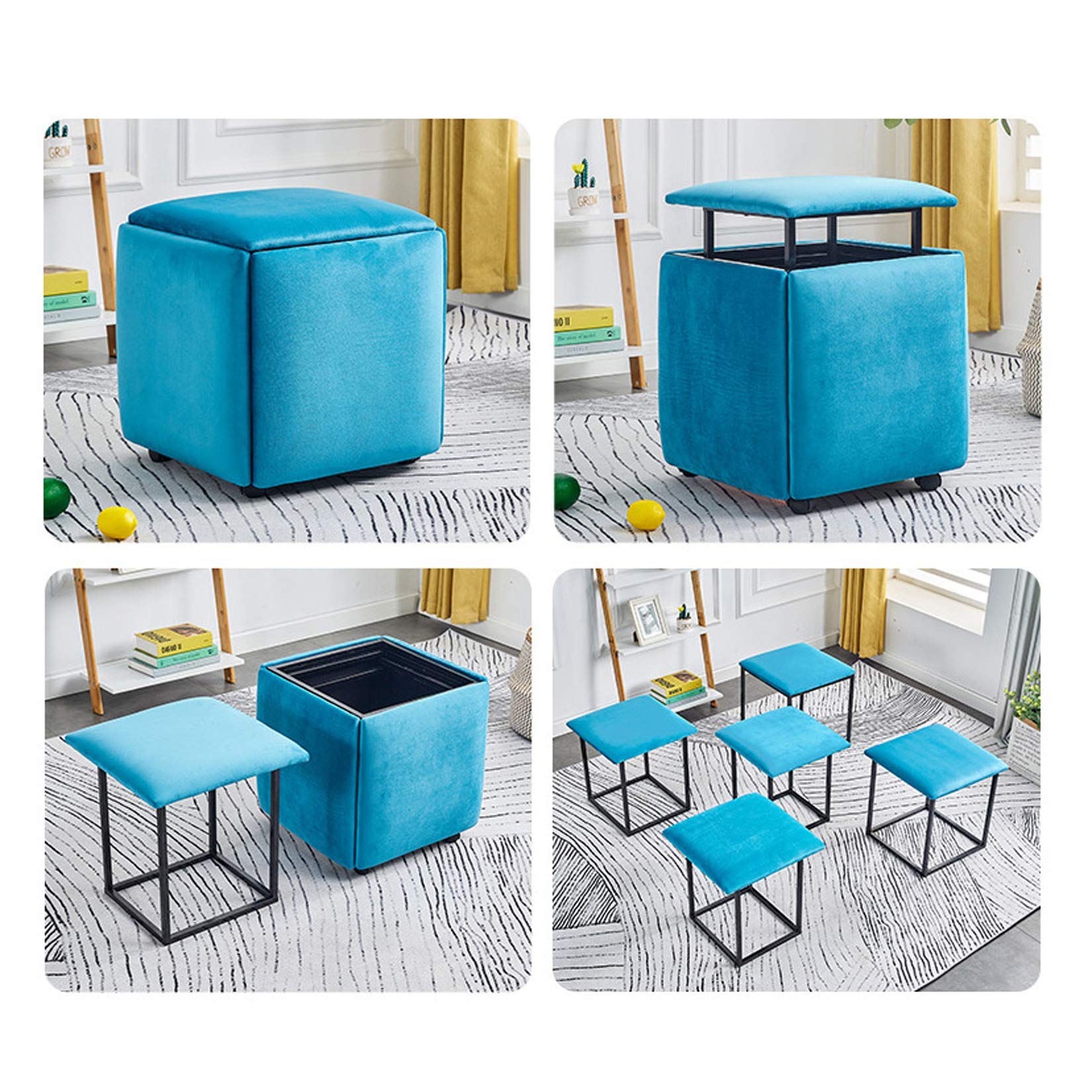 WLWLEO 5-in-1 Multifunctional Cube Stool Ottoman Footrest with Wheels - Upholstered Storage Seat for Dressing Table, Living Room & Bedroom - Blue Velvet Stool for Sitting, Footrest & Shoe Changing