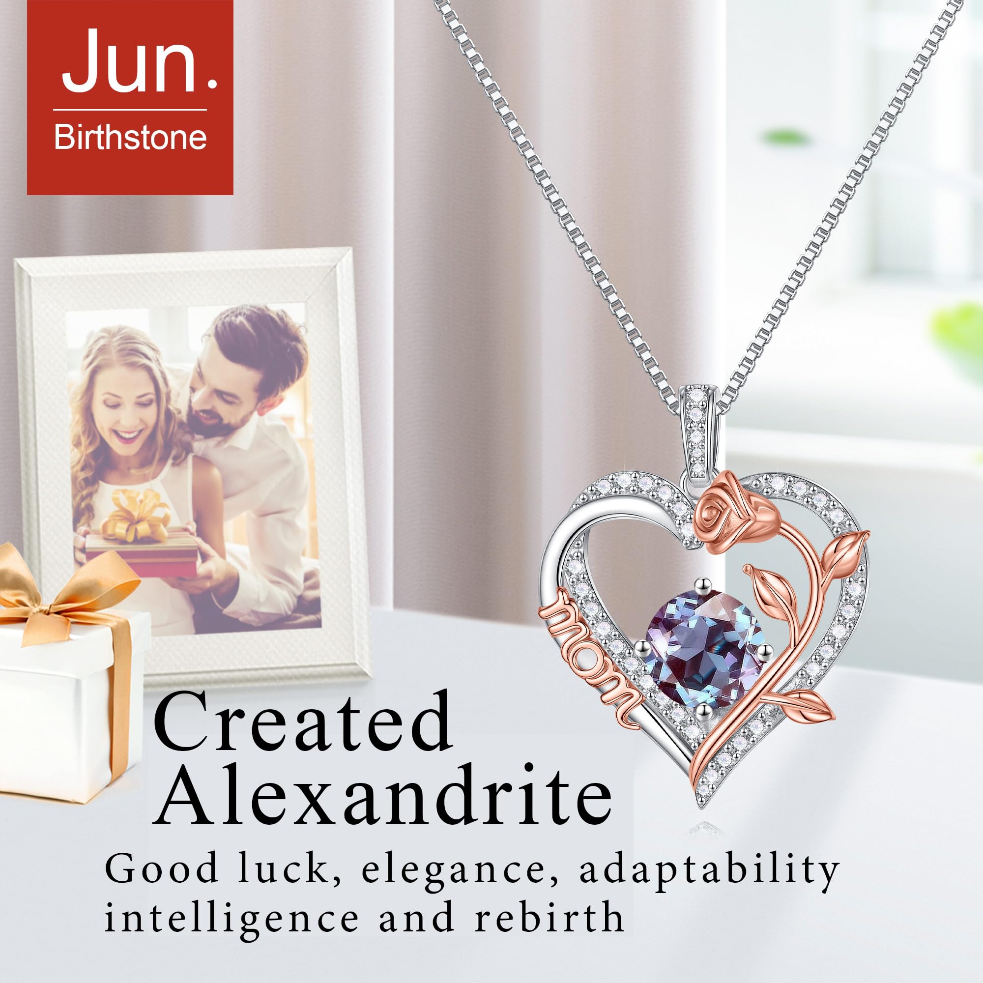 Rose Heart Birthstone Necklace for Mom - 925 Sterling Silver Pendant with Gift Box | Elegant Jewelry for Mother's Day, Birthday & Special Occasions | Perfect Gift for Mom, Stepmom & Mother-in-Law | Ideal for Anniversaries, Valentine's Day & Everyday Wear