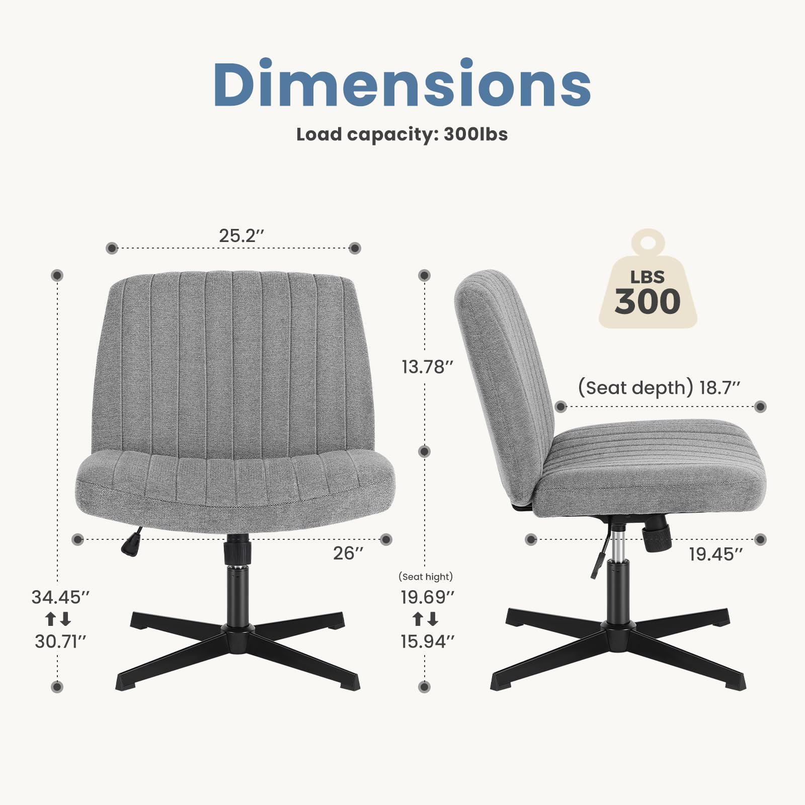 DUMOS Criss Cross Legged Office Chair - Armless Wide Seat Swivel Chair with Height Adjustment, Modern Fabric Desk Chair for Home Office, Bedroom & Vanity Use - No Wheels Design