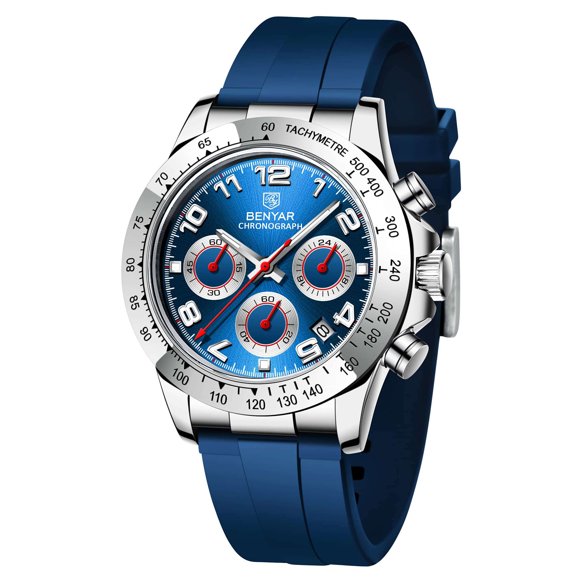 BENYAR Men's Stylish Analog Chronograph Quartz Watch - Genuine Silicone Strap, Waterproof & Scratch Resistant Business Watch - Perfect for Office, Formal Events & Daily Wear