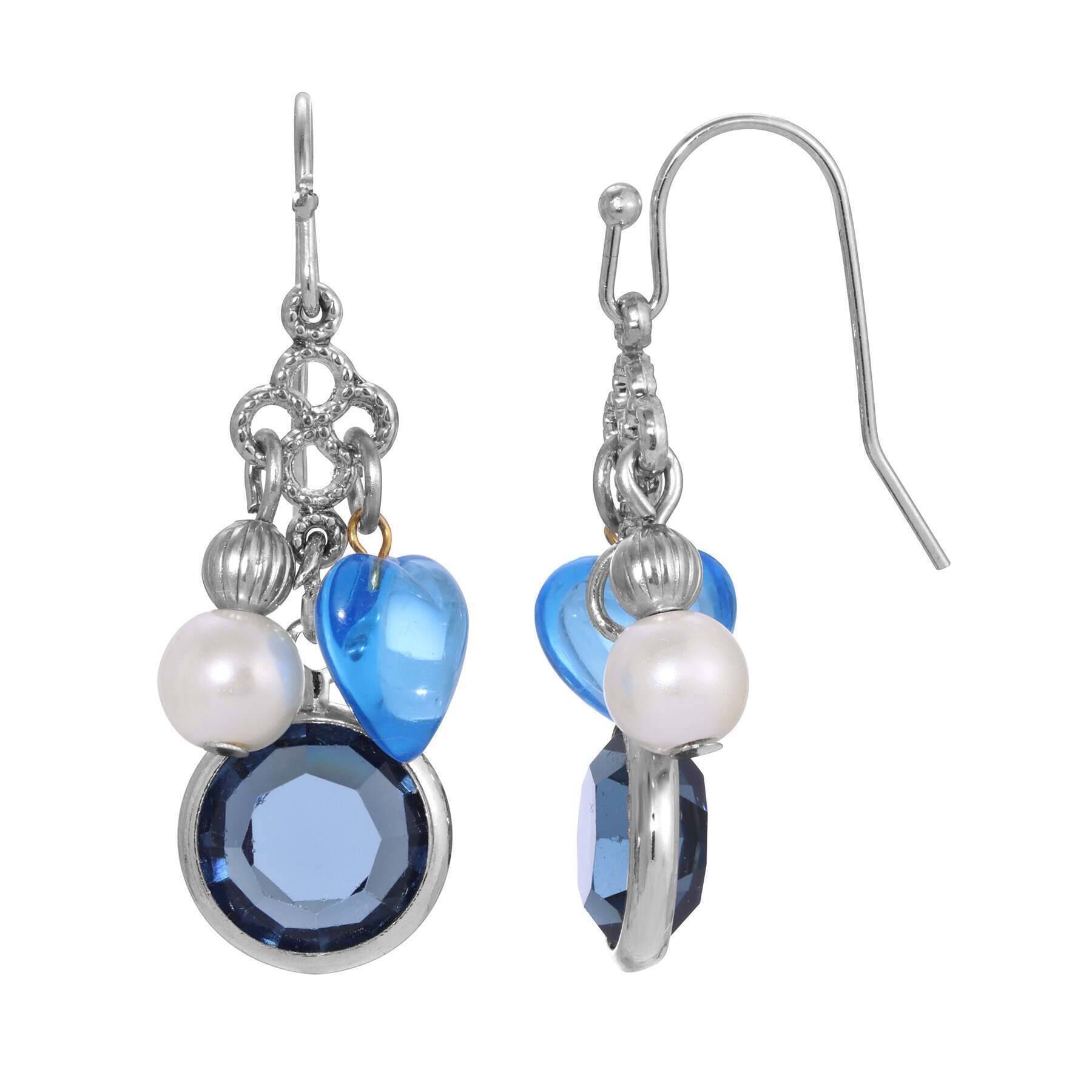 Montana Blue Channel Sapphire & Crystal Heart Pearl Dangle Earrings - Elegant Jewelry for Women, Perfect for Weddings, Parties & Special Occasions