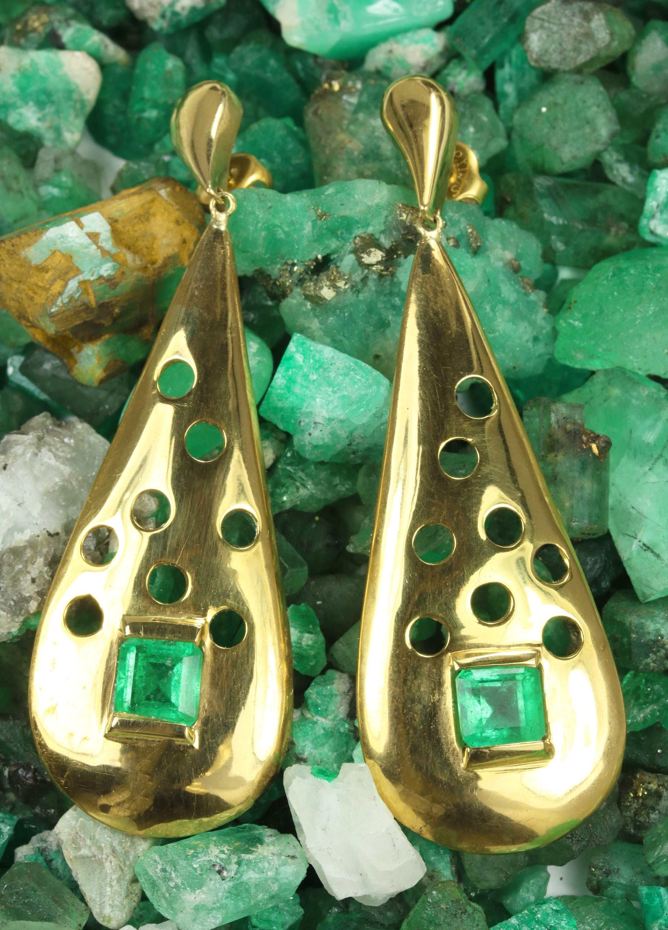 3.76tcw Handmade Natural Square Cut Green Emerald Dangle Earrings in 14K Gold - Perfect for Weddings, Parties & Special Occasions