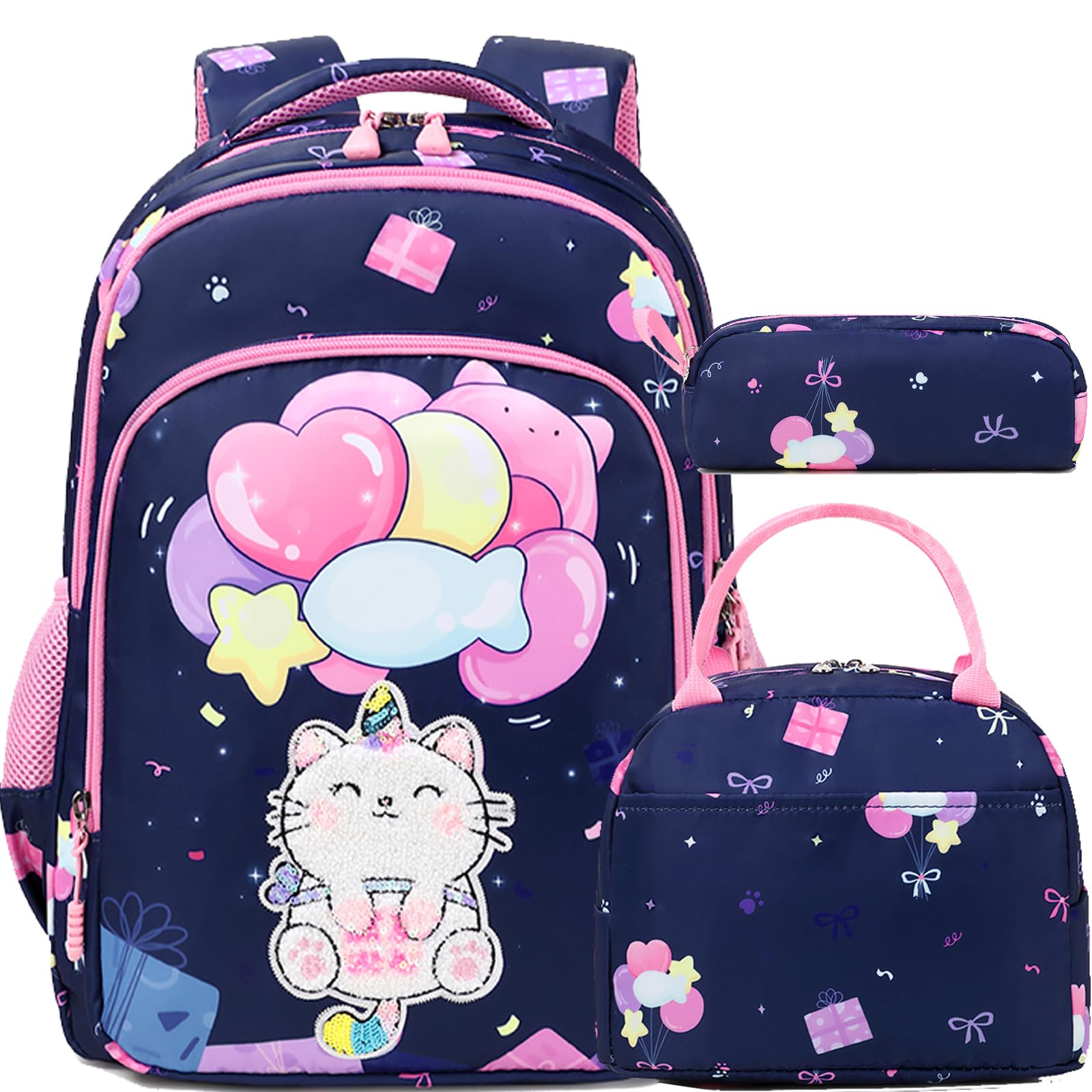 Unicorn Cat Print Backpack for Girls - Lightweight Water Resistant School Backpack with Lunch Box | Cute Elementary Bookbag for Kids, Travel & Daily Use