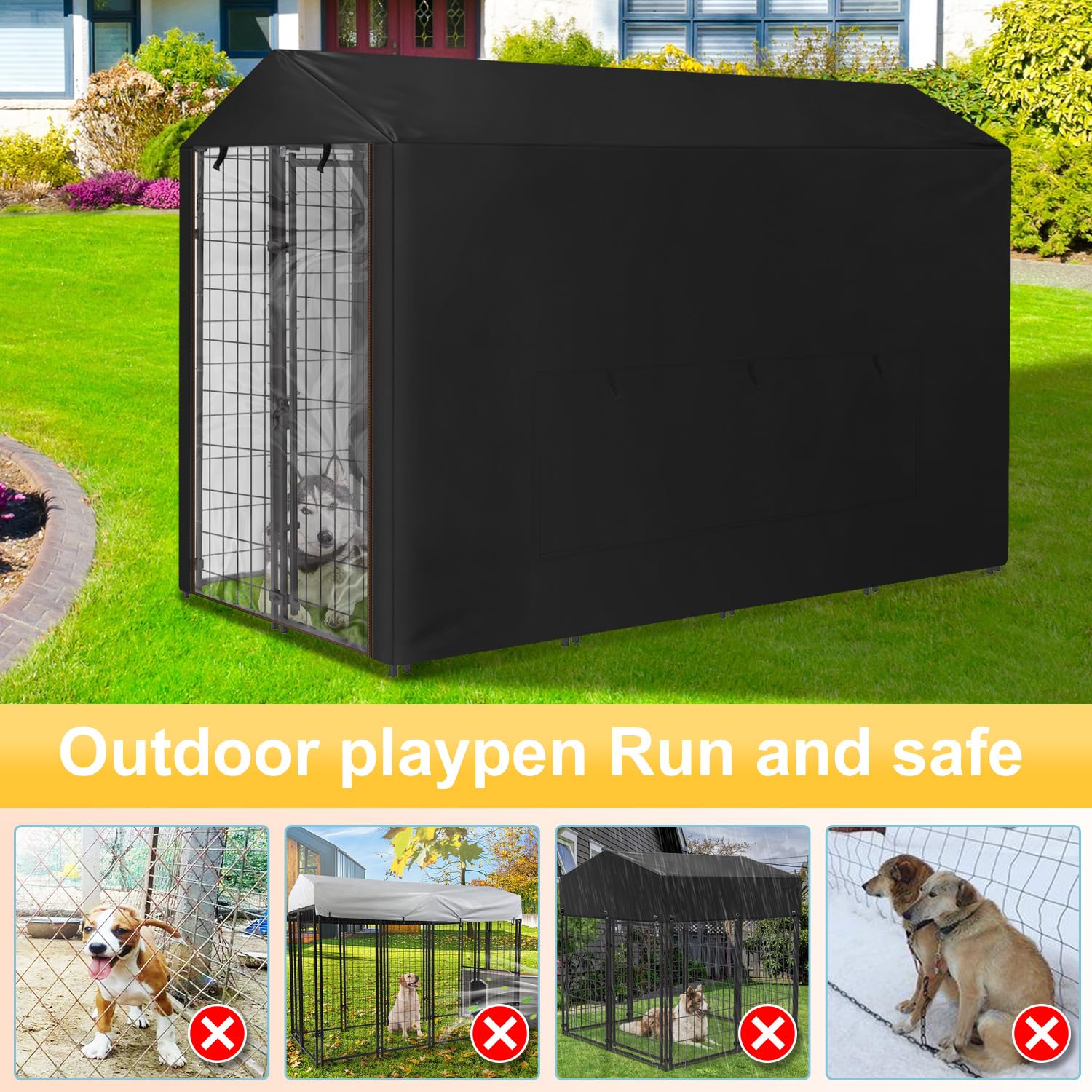 **Large Waterproof Outdoor Dog Kennel Cover with Anti-UV Mesh Window & Clear View Panel - Fully Enclosed Shade for Playpen, Crate, or Patio - Perfect for Sun Protection & Rainy Days**