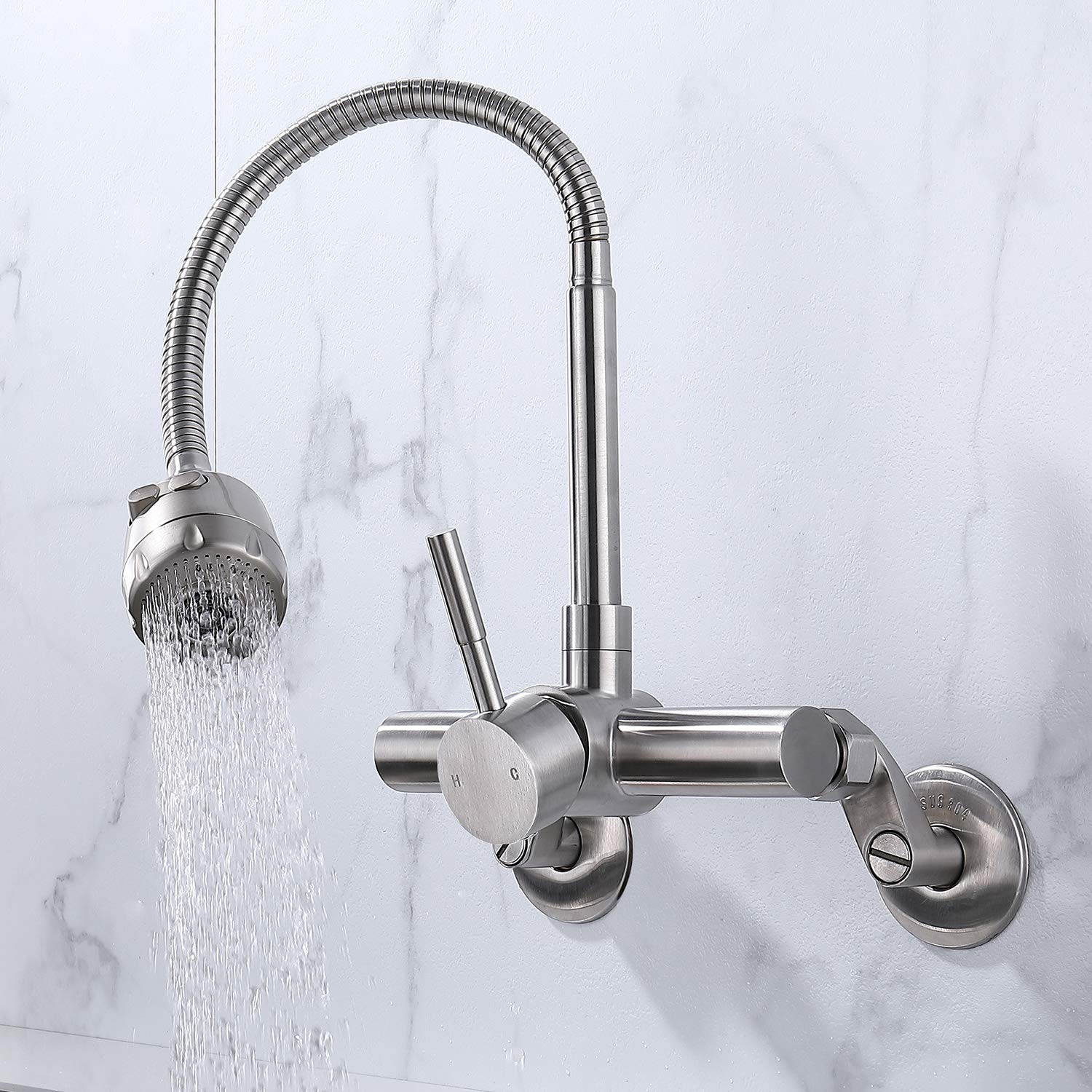 Homelava 8-Inch Brushed Nickel Wall Mount Kitchen Faucet - Single Handle Sprayer Mixer Tap with Stainless Steel Construction - Perfect for Bar Sinks, Wet Bars & Small Kitchenettes