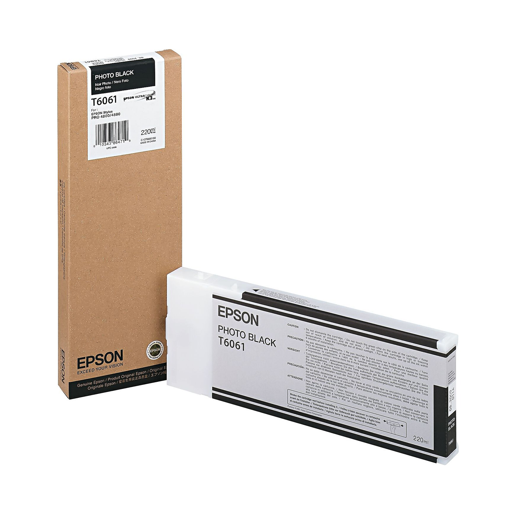 Epson T606100 UltraChrome K3 Photo Black Ink Cartridge 220mL - Compatible with Stylus Pro 4880 Printer | High-Quality Photo Printing for Professional Photography & Fine Art Reproduction