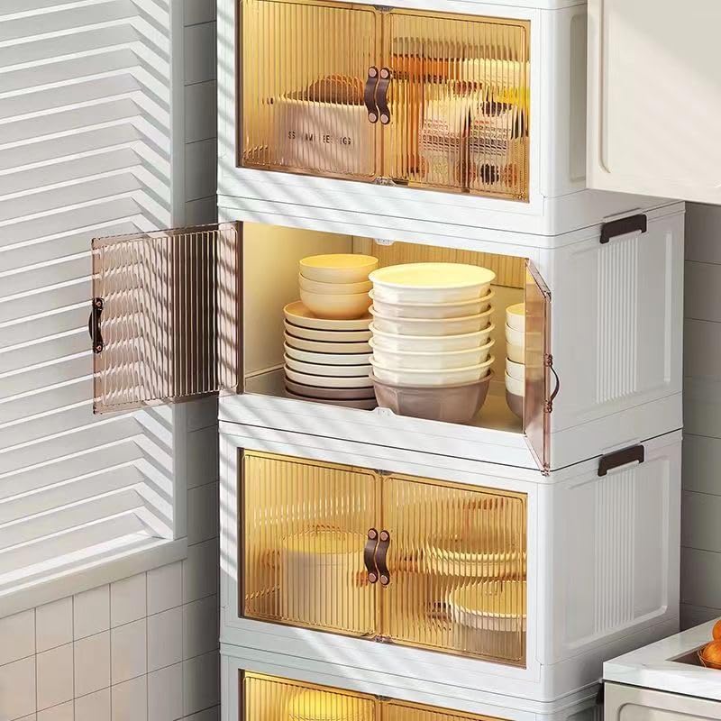 59QT Collapsible Storage Bins with Lids & Wheels - Foldable Plastic Storage Box with Doors, Stackable Closet Organizer for Bedroom, Garage, or Office (5-Tier, Space-Saving Design)