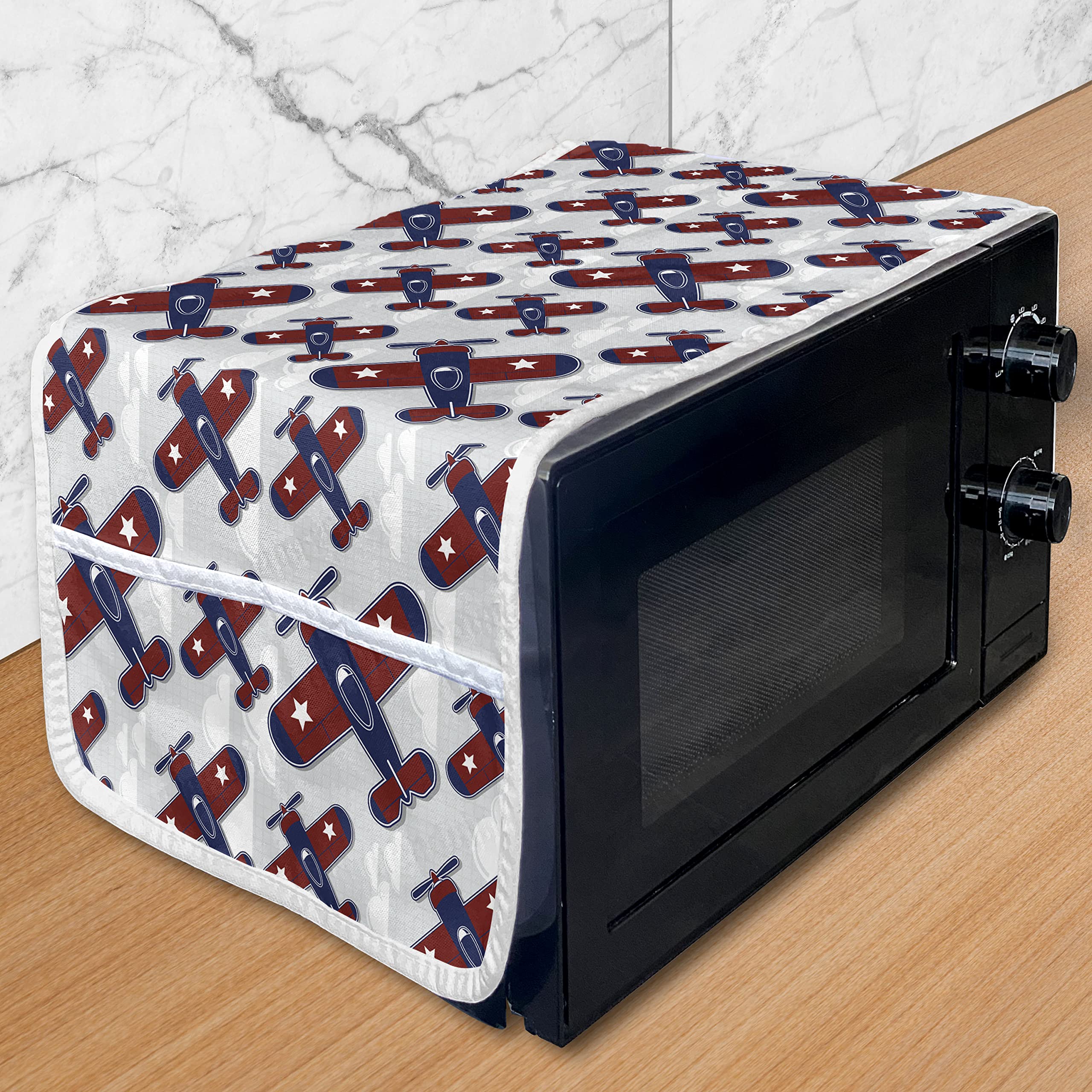 Ambesonne Airplane Microwave Oven Cover - Funny Cartoon Grid Pattern, Water Resistant Kitchen Organizer with Pockets, 36