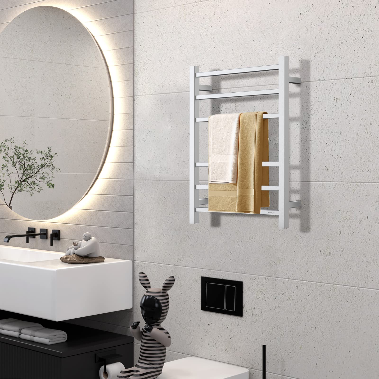 Premium Brushed Nickel Electric Towel Warmer - Wall Mounted Bathroom Heated Towel Rack, 6-Bar Stainless Steel Design (68W, 26.77x20.47x4.13 in) - Perfect for Spa-Like Bathroom Luxury & Quick Drying of Towels, Robes & Delicates