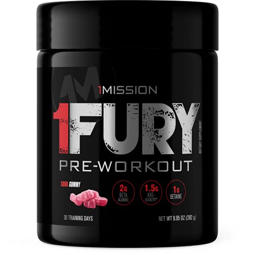 1Mission Pre Workout Powder - Energy & Strength Boost for Gym & Fitness (Sour Gummy, 30 Servings)