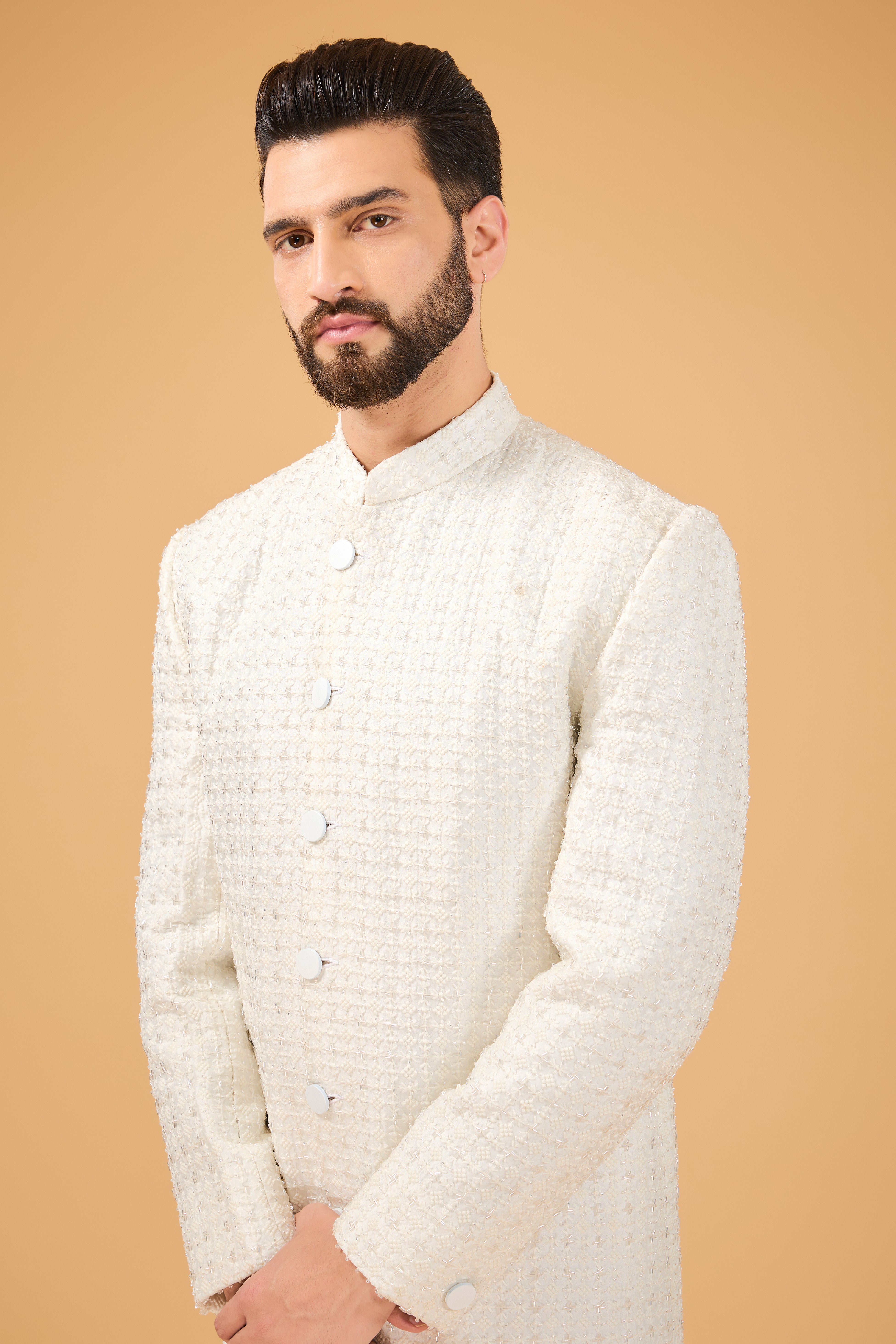 Exquisite Ivory Sherwani with Dana Work Embroidery | Traditional Indian Wedding Outfit for Groom | Perfect for Weddings, Festivals & Special Occasions