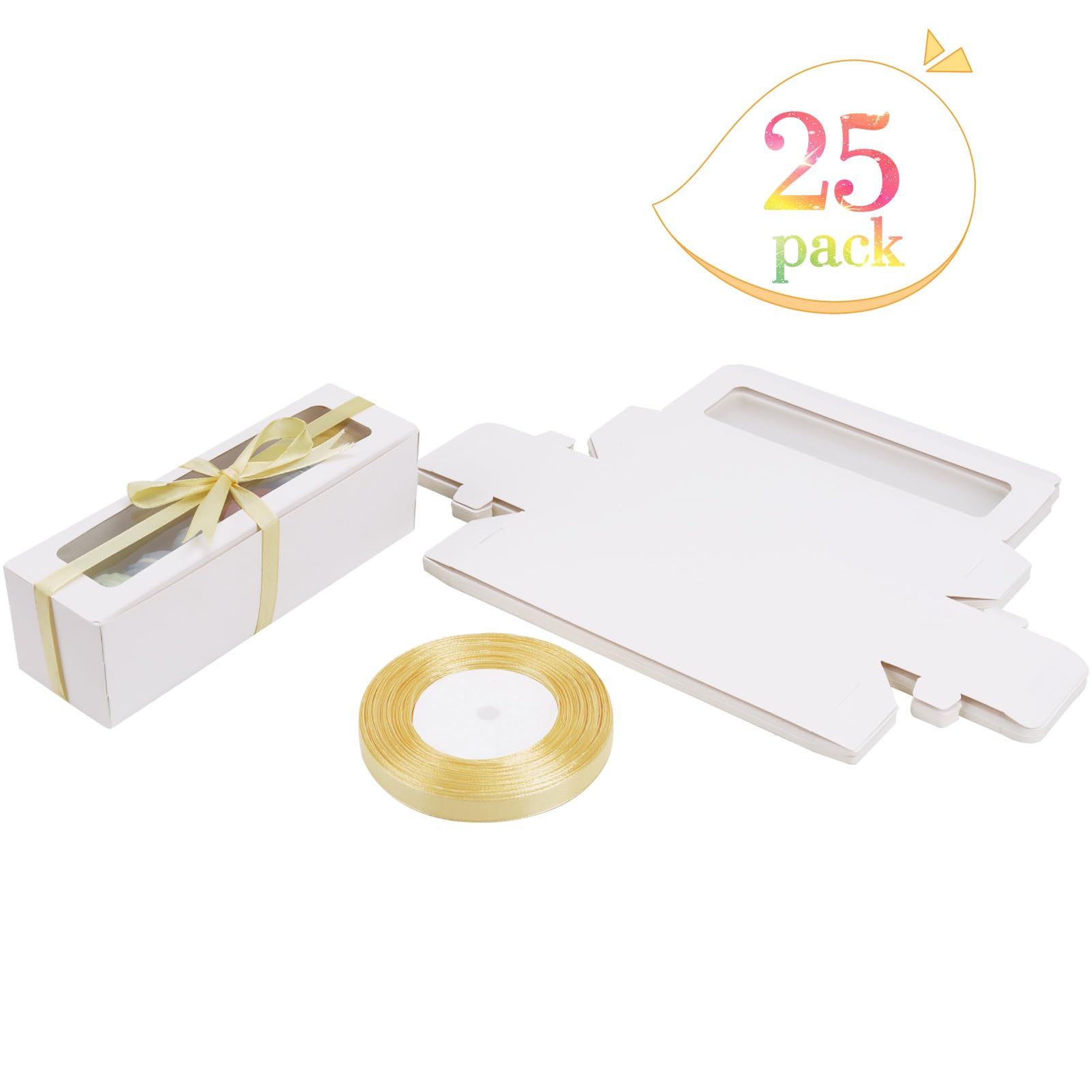 25 Pack White Macaron Gift Boxes for 5-7 Cookies - Premium Bakery Packaging with Ribbon for French Macarons, Candies, Strawberries | Perfect for Wedding Favors, Birthday Gifts & Dessert Presentation