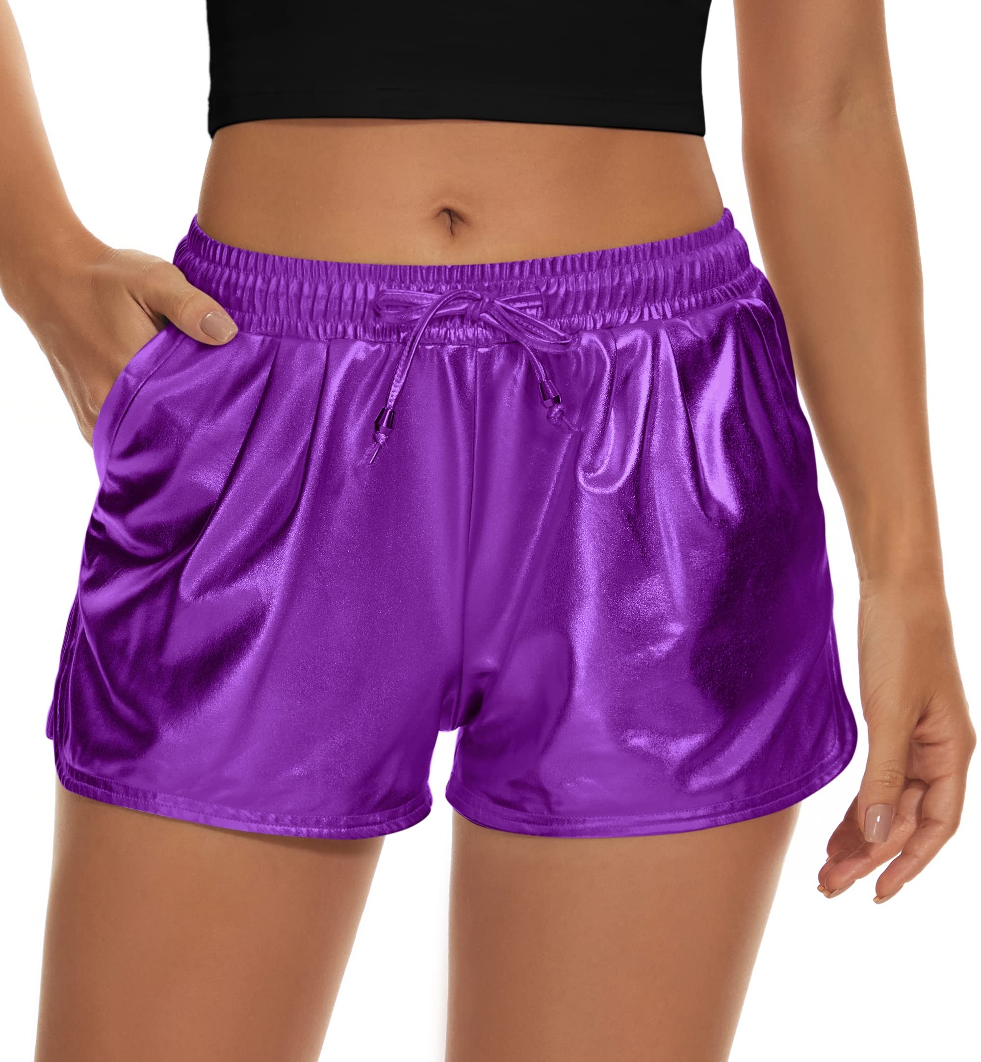 Sparkly Metallic Shorts for Women - High Waist Shiny Elastic Drawstring Shorts | Perfect for Parties, Clubbing, and Summer Outfits