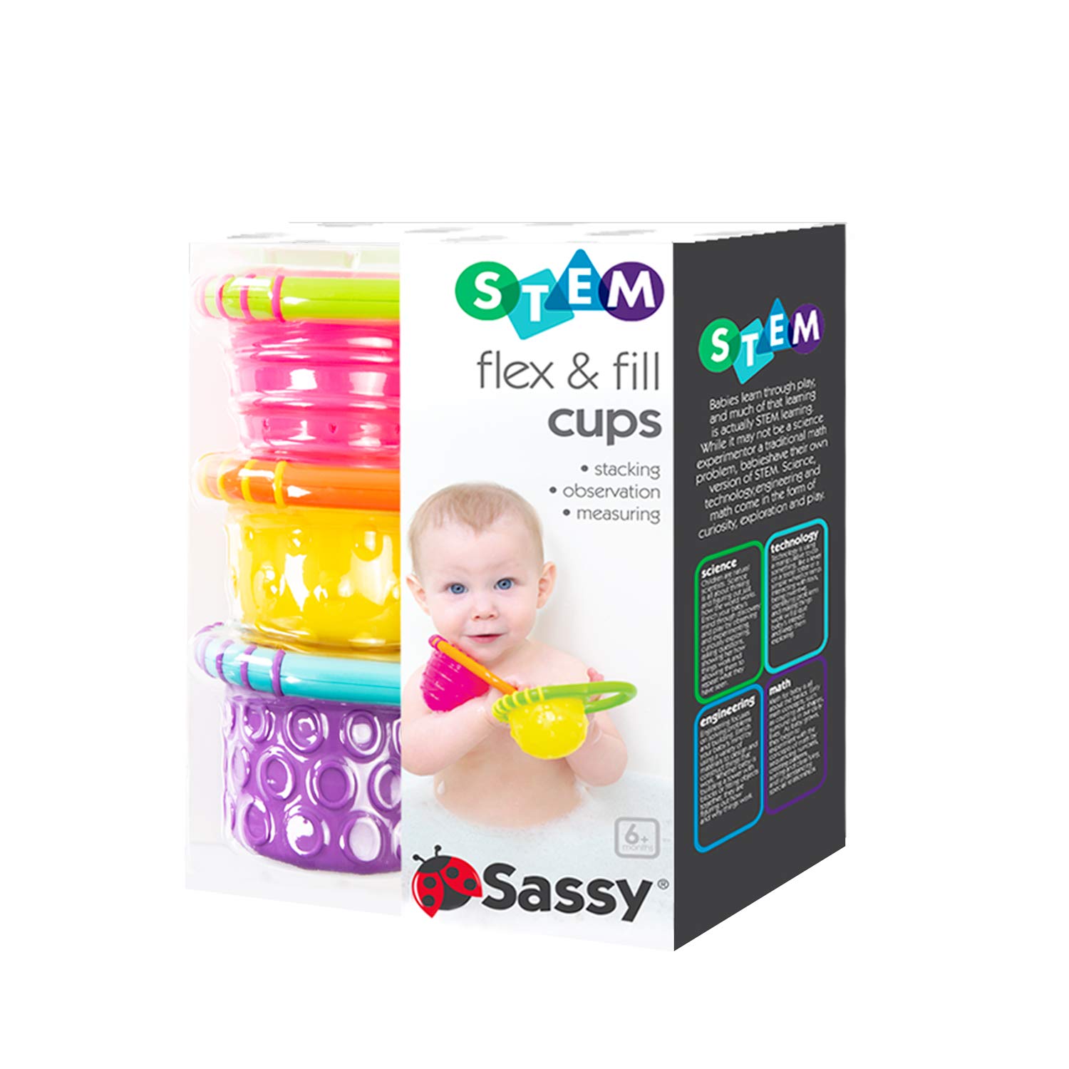 Sassy Flex & Fill Cups 3-Piece Bath Toys for Toddlers - Colorful Stacking Cups for Baby Bath Time Fun & Early Learning Play