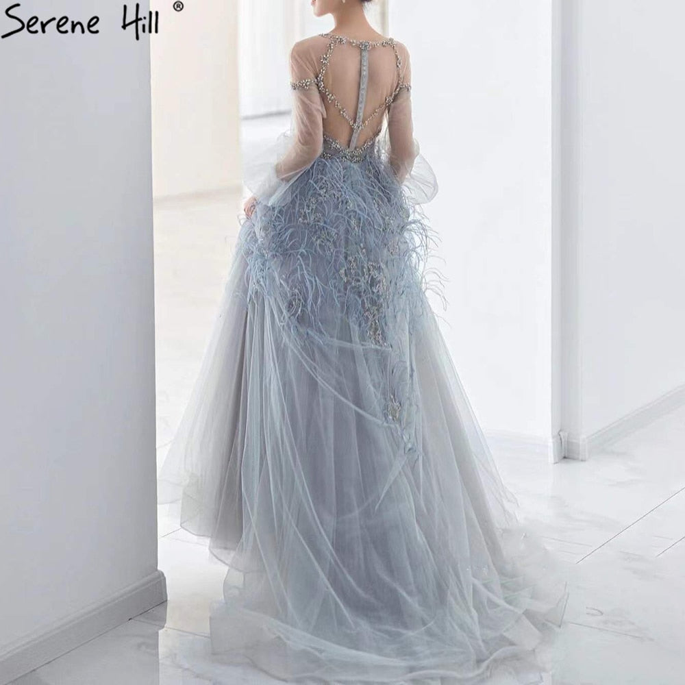 Elegant Grey A-Line Evening Gown with Long Sleeves & Diamond Feather Details - Women's Luxury Party Dress for Formal Events, Galas & Special Occasions - Serene Hill Collection LA71495
