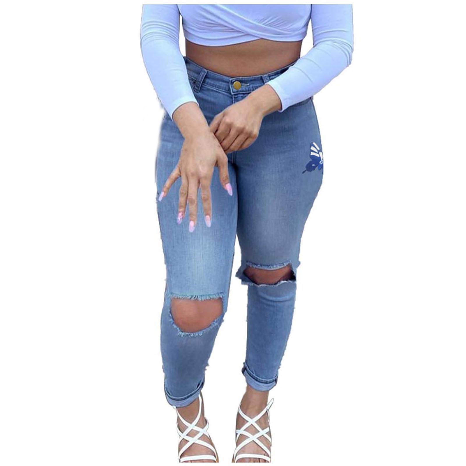 High Waisted Ripped Skinny Jeans for Women - Distressed Denim Pants for Casual Outfits