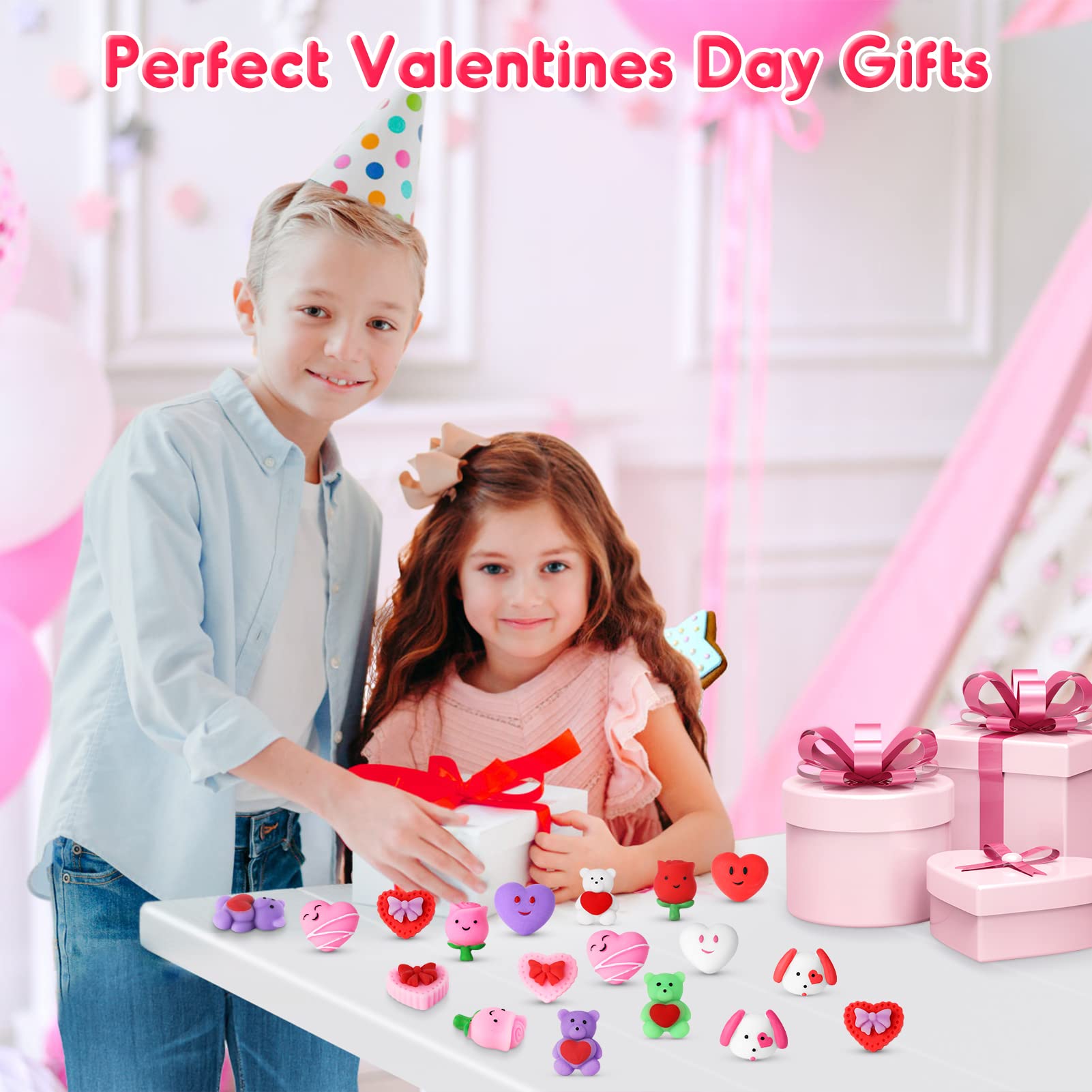 NPET 30-Piece Mochi Squishy Toys Set - Cute Heart, Rose & Bear Stress Relief Valentine's Day Gifts for Kids & Adults | Fun Sensory Fidget Toys for Anxiety Relief, Party Favors & Classroom Rewards