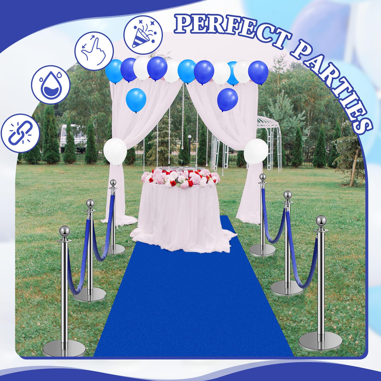 76 Pcs Blue Carpet Runner Party Set with Floor Runner, Double-Sided Tape, Stanchion Posts, Velvet Ropes & Balloons - Wedding, Red Carpet Event, Birthday Party Decorations