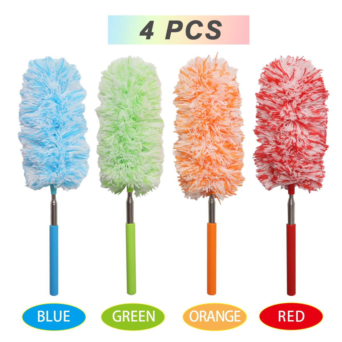 4-Pack Washable Microfiber Duster Set - Extendable Dusting Brush for Home, Office, Car, Computer & AC Cleaning | Reusable Cleaning Tool for Furniture, Electronics & Hard-to-Reach Areas