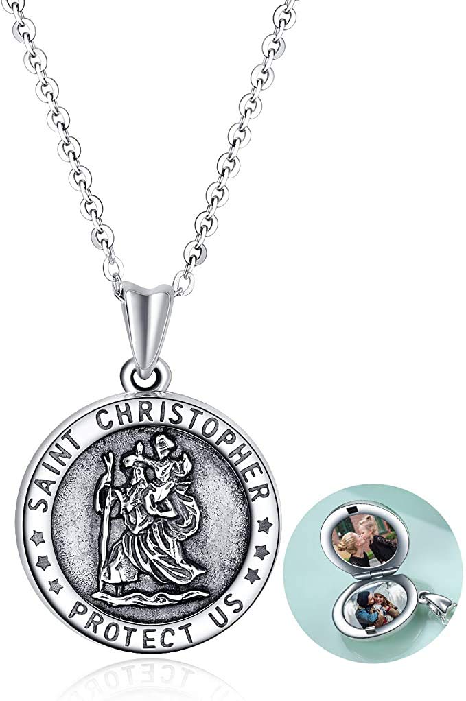 Sterling Silver Saint Christopher Locket Necklace for Women - Personalized Photo Pendant Jewelry for Mom, Daughter, Birthday Gifts - Perfect for Travel Protection, Faith Keepsake & Everyday Wear