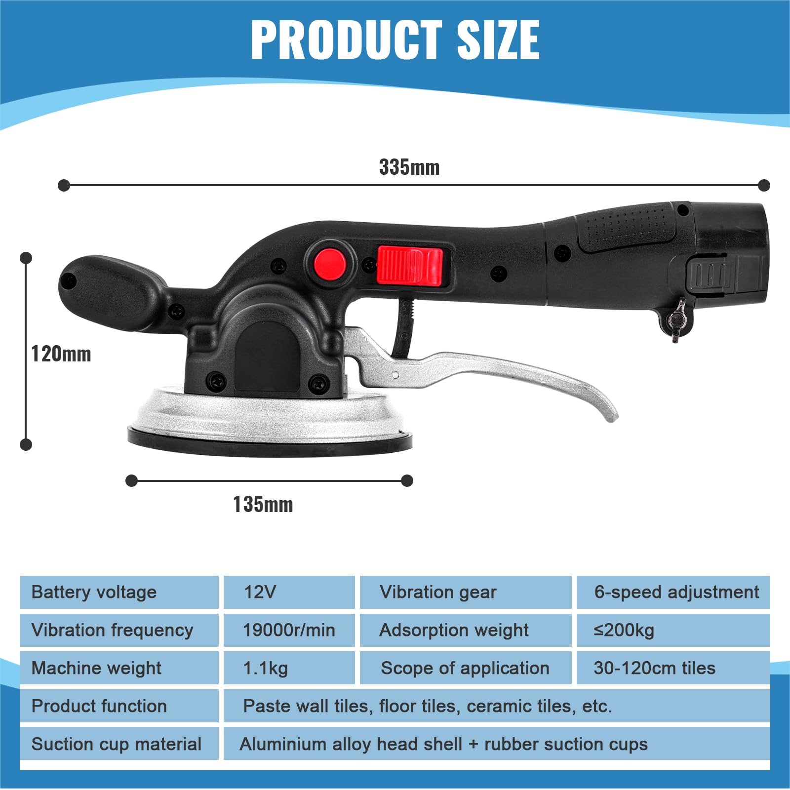 MXBAOHENG 6-Speed Tile Vibrator 19000VPM 4500mAh with Suction Cup, 100kg Load Capacity for 30-120cm Ceramic Tiles (2 Batteries Included) - Perfect for Tile Installation, Renovation & DIY Projects
