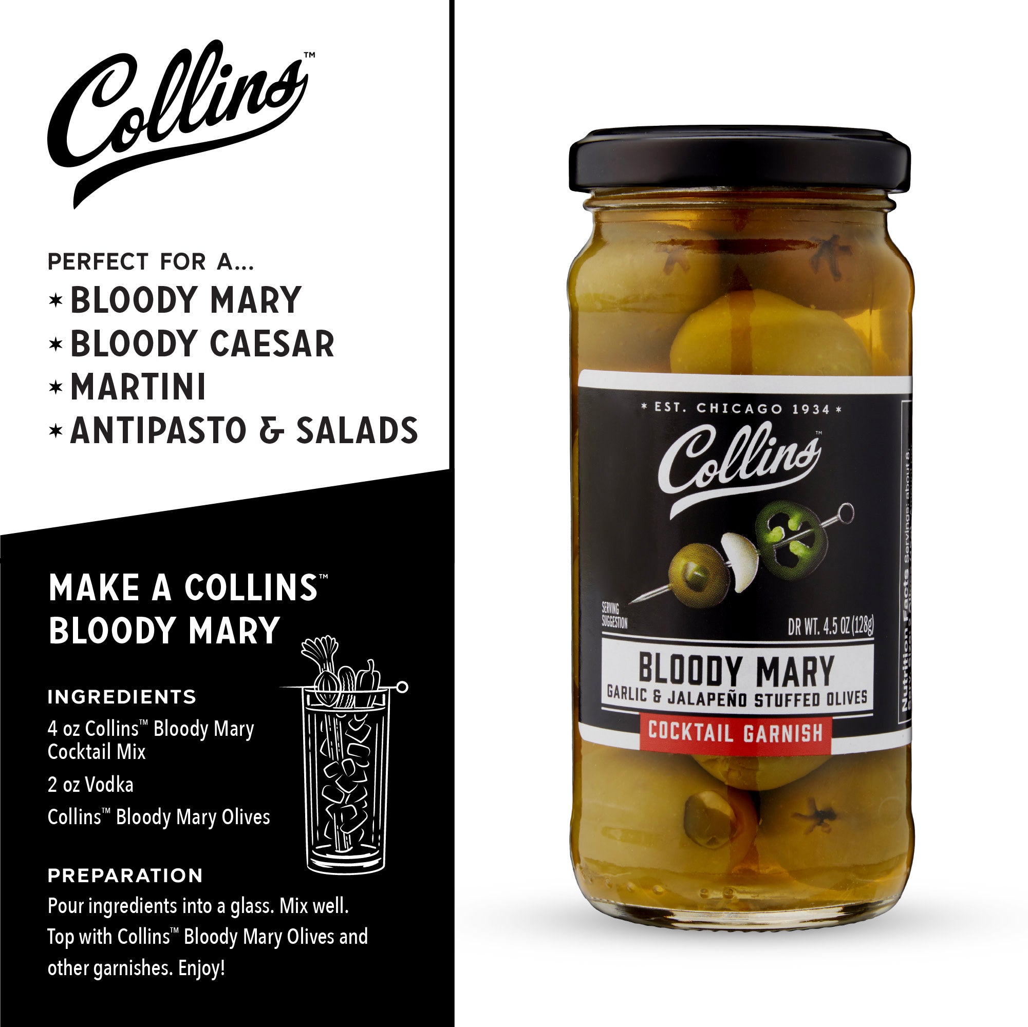 Premium Bloody Mary Olives by Collins – 4.5 oz Jar | Gourmet Cocktail Garnish for Martinis, Bloody Marys & Charcuterie Boards