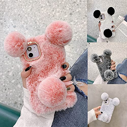 Fluffy Plush Furry Phone Case for iPhone 6S Plus - Winter Warm Soft Protective Cover with Rabbit Fur, Cartoon Bear Ears & Glitter Diamond Bowknot - Cute Cases for Women & Girls (White/Black) - Perfect for Winter Fashion, Daily Use & Gift Giving