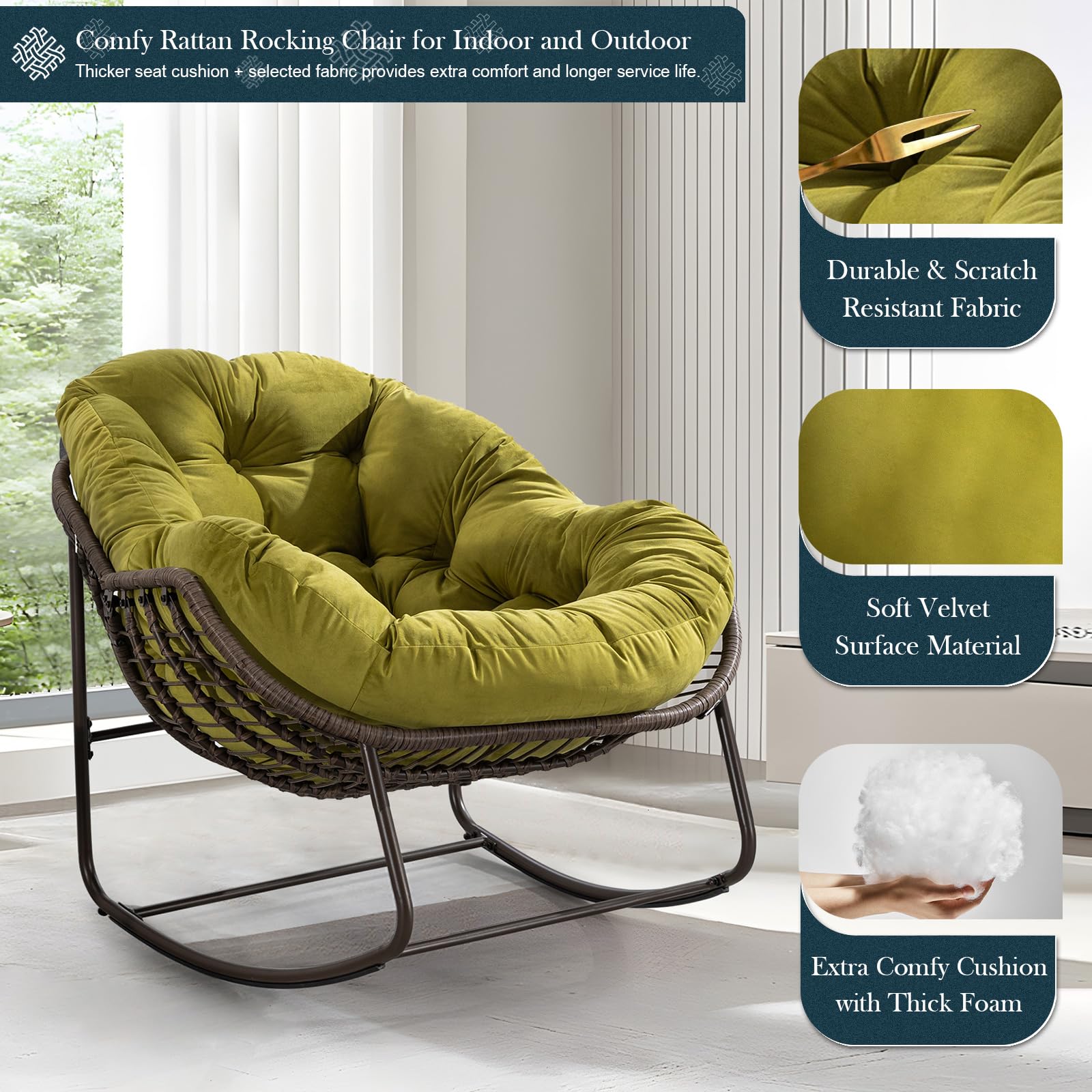 Outdoor Rocking Chair - Oversized Rattan Egg Rocking Chair with Padded Cushion, Modern Patio Lounge Chair for Front Porch, Garden, Backyard, Balcony & Deck - Olive Green - Perfect for Relaxing, Reading & Enjoying Outdoor Spaces