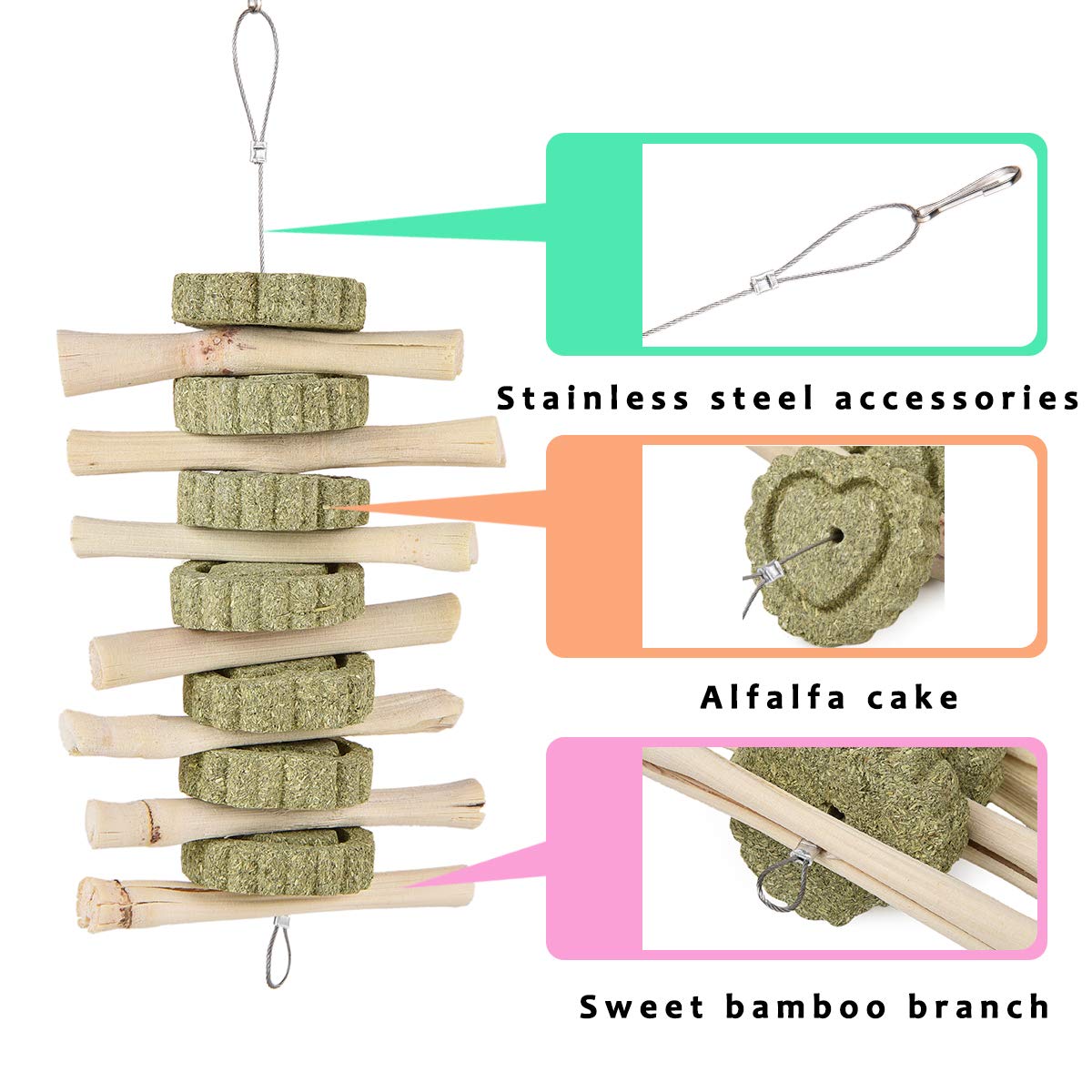 Natural Alfalfa Chew Toys for Rabbits, Hamsters, Guinea Pigs & Chinchillas - 4 Pack Dental Care Molar Treats with Sweet Bamboo - Hanging Small Pet Teeth Health Toys for Cage Enrichment & Stress Relief