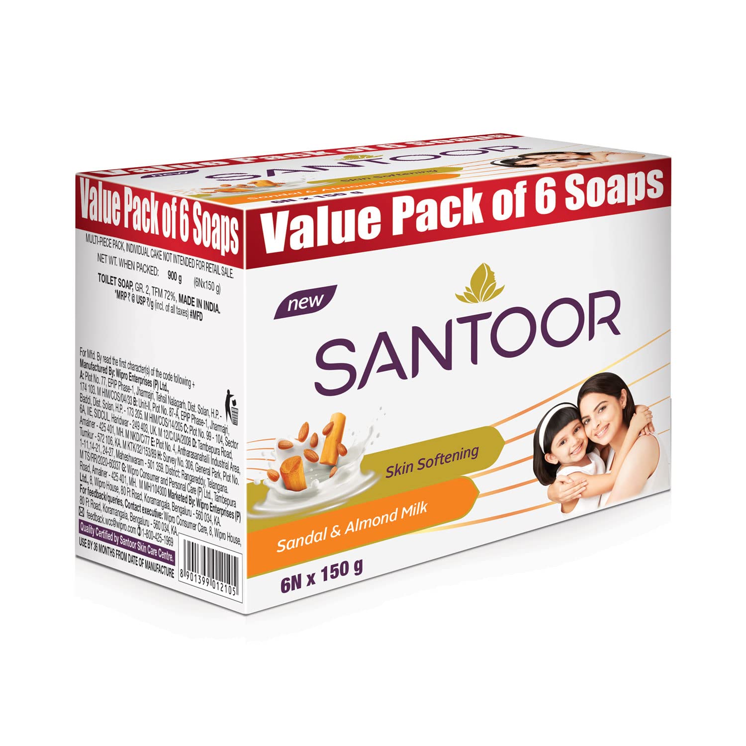 **Santoor Skin Softening Sandal & Almond Milk Bathing Soap – Nourishing & Anti-Aging Bar for Smooth, Soft & Youthful Skin | Suitable for All Skin Types | 150g, Pack of 6 | Perfect for Daily Skincare & Relaxing Bath Time**