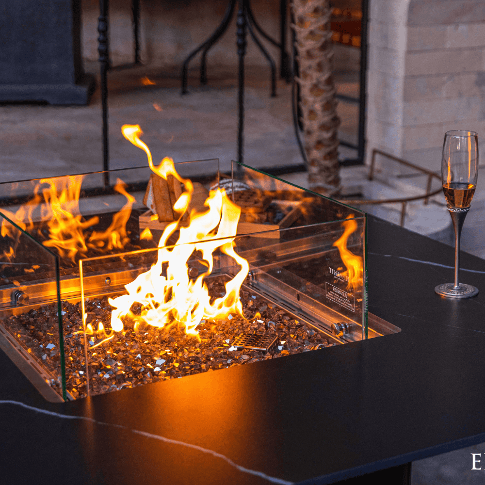 Brugge Marble Porcelain Outdoor Dining Table with Fire Pit - Weatherproof Patio Furniture for Backyard, Garden, Poolside Dining & Entertaining