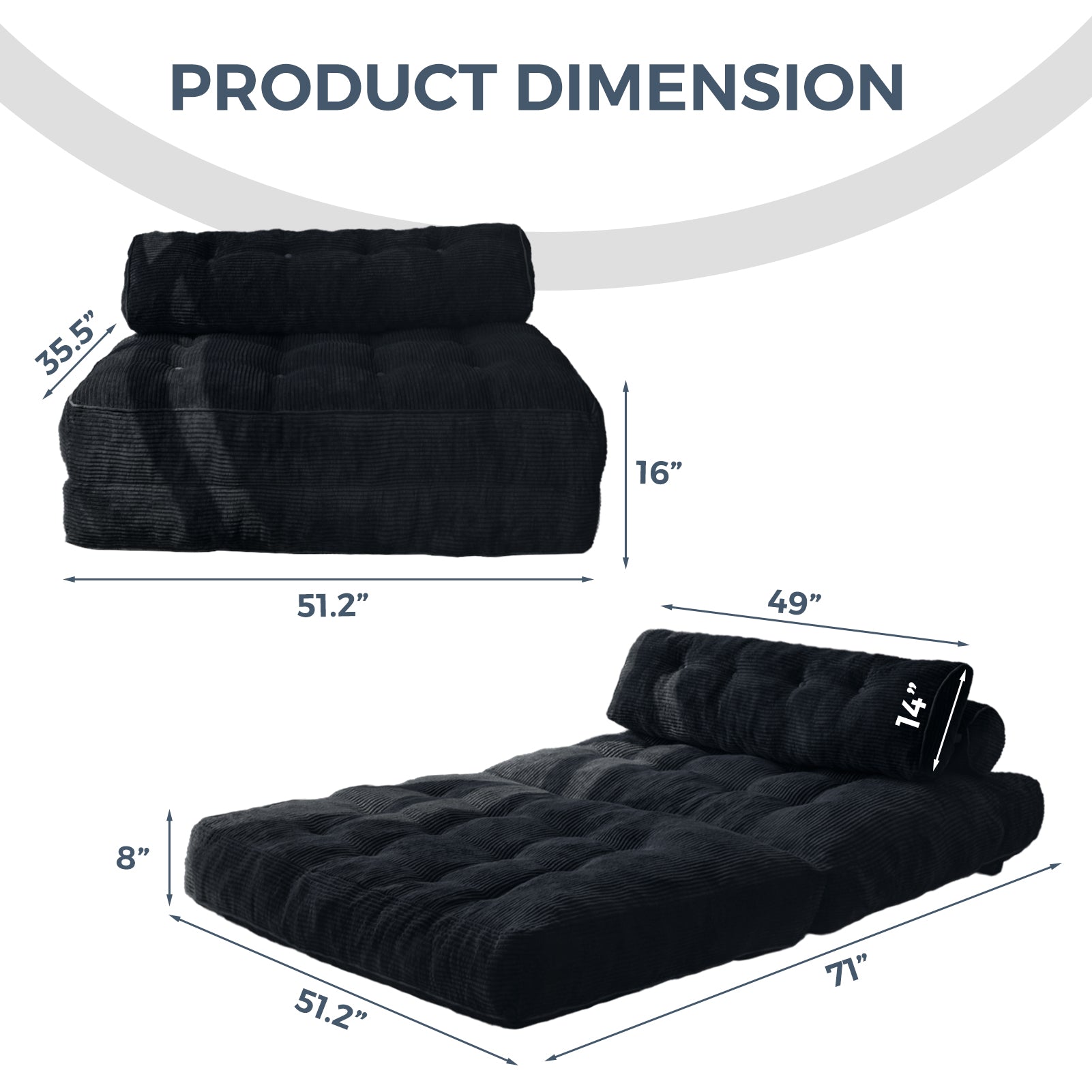 MAXYOYO Corduroy Folding Sofa Bed - Convertible Sleeper Chair with Pillow & Foldable Mattress - Double Size with Back Support (Black) - Perfect for Small Spaces, Guest Rooms & Studio Apartments
