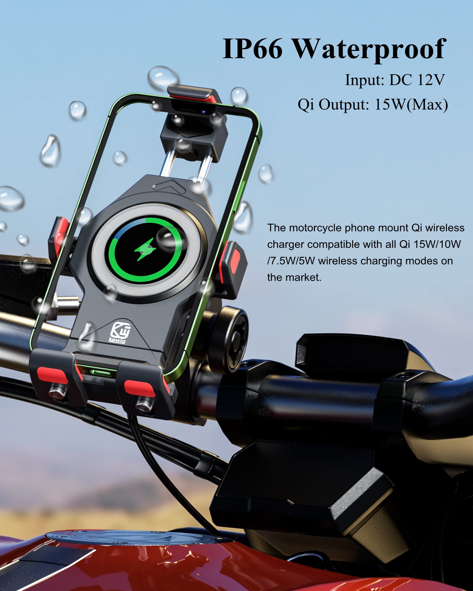 BRCOVAN Motorcycle Phone Mount with Qi 15W Wireless Charging - Aluminum Alloy Handlebar Holder, Vibration Dampener & Anti-Theft Lock for iPhone & Android (4.7