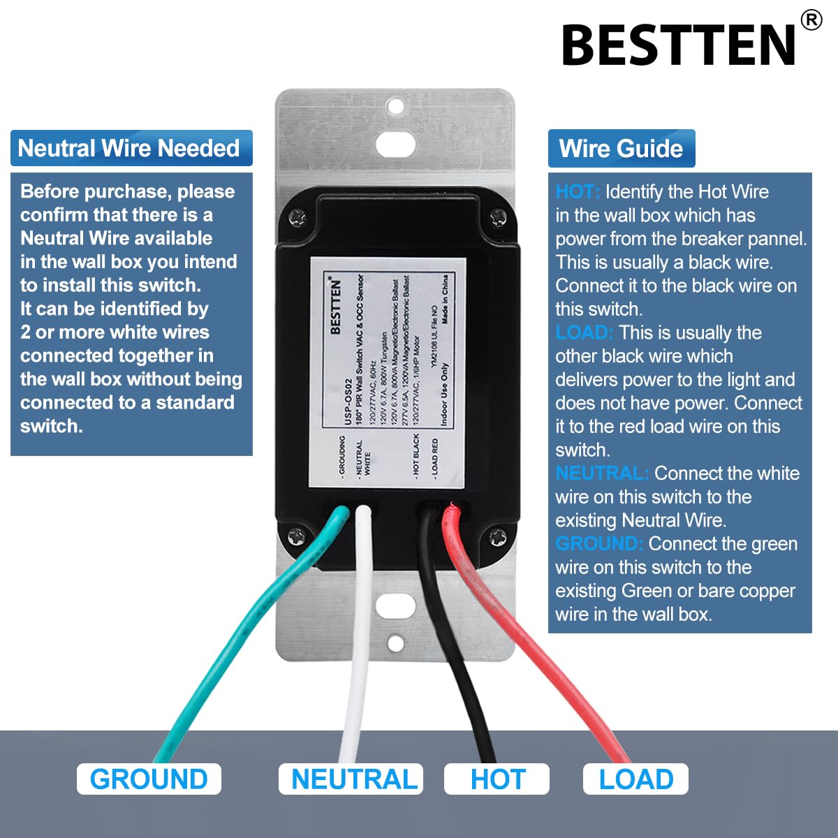 10 Pack BESTTEN Motion Sensor Light Switch - Single Pole PIR Wall Switch with Occupancy/Vacancy Modes, 120V/277VAC, 60Hz, 1/6HP (Neutral Wire Required, Wallplates Included) - cUL Listed White - Perfect for Home, Office, Garage & Bathroom Lighting Automation