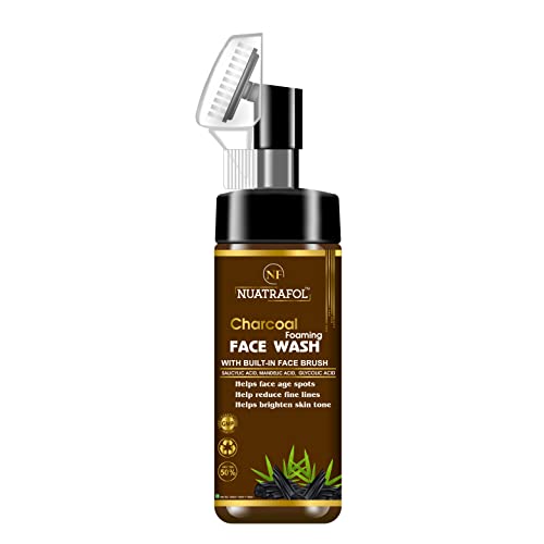 Nuatrafol Activated Charcoal Foaming Face Wash with Built-In Brush | Deep Cleansing, Pore Minimizing | Paraben, Sulfate & Silicone Free | 150ml | Perfect for Oily & Acne-Prone Skin | Daily Detox & Clarifying Facial Cleanser for Men & Women