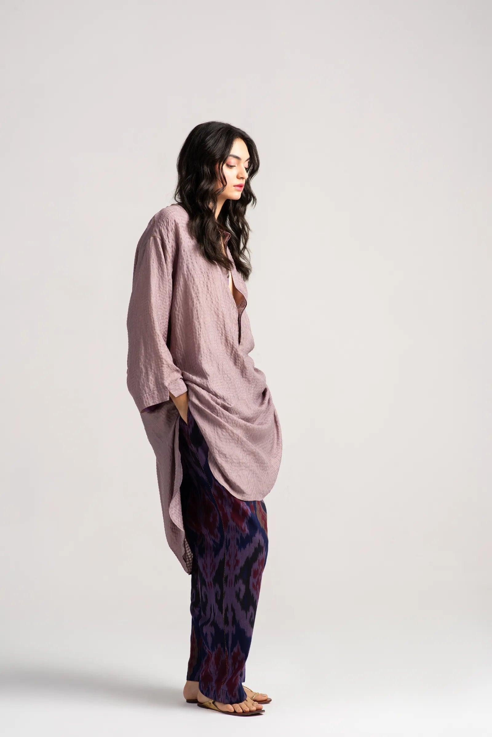 Firoza Kurta Silk Check Dusty Mauve - Elegant Women's Silk Tunic Top for Casual Wear, Parties & Festivals
